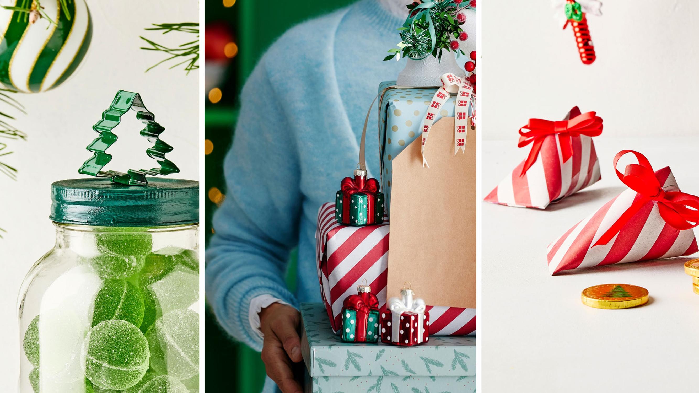 Beautiful gift wrapping from reused materials: a toilet paper roll package, customized glass jar, and hand-drawn bow