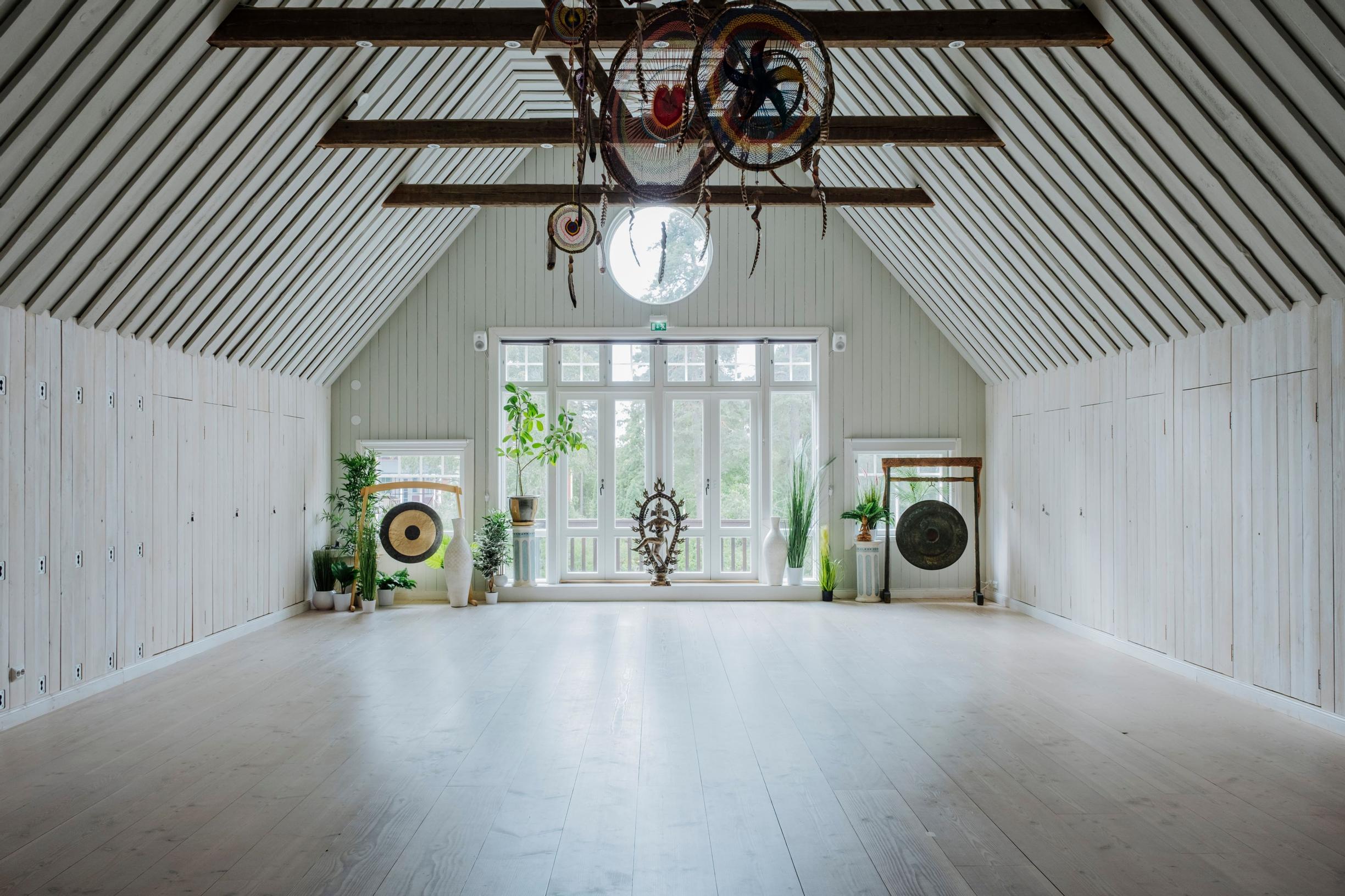 A bright yoga studio at Villa Mandala.