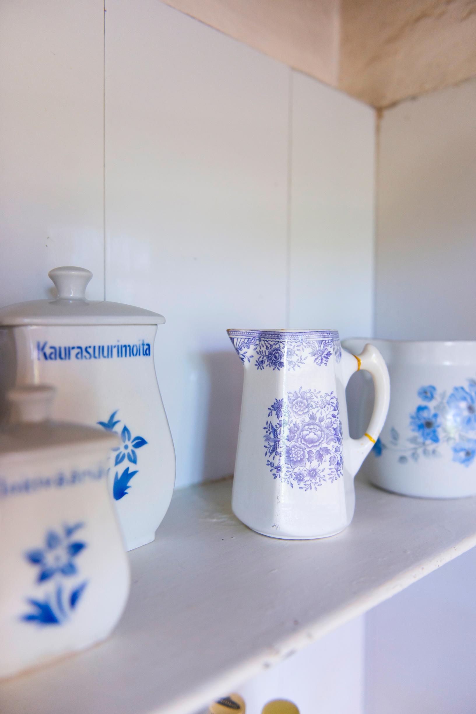 Old blue and white Arabia tableware and spice jars