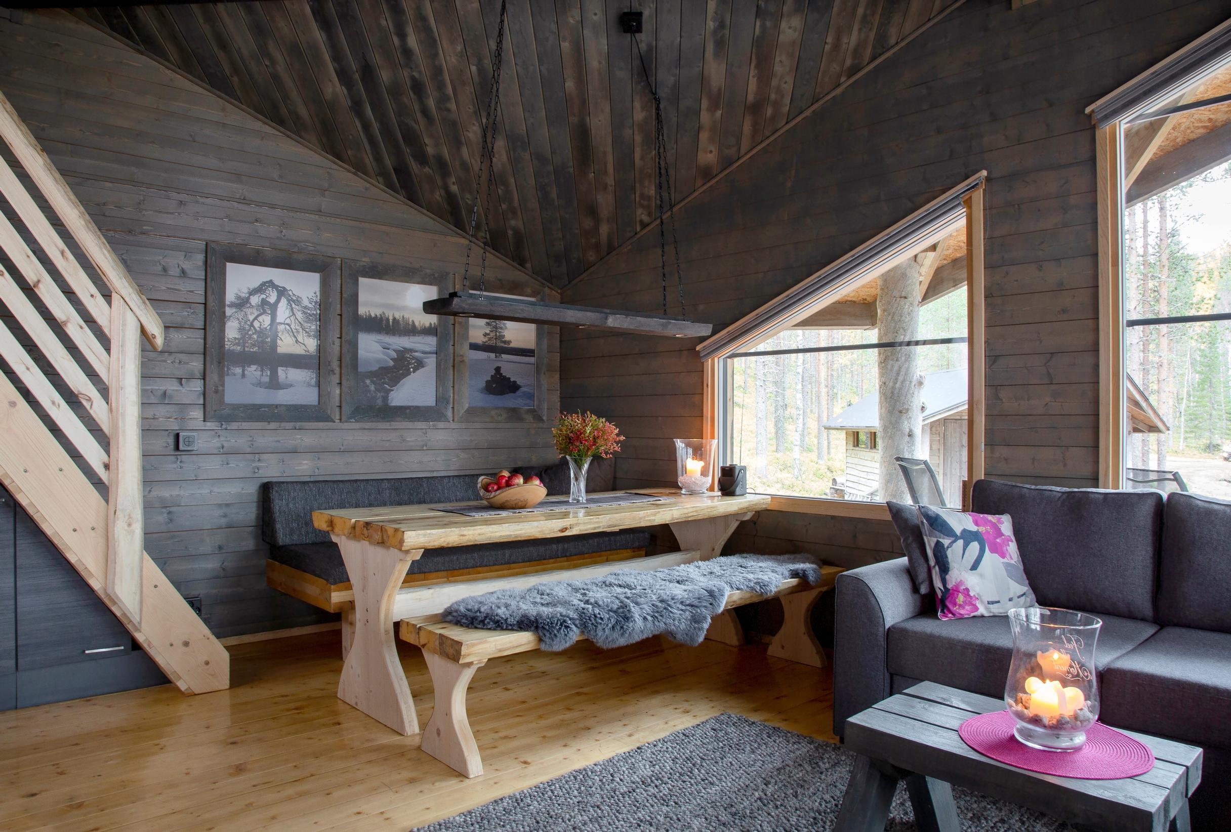 Gray-toned living room in the wilderness cabin