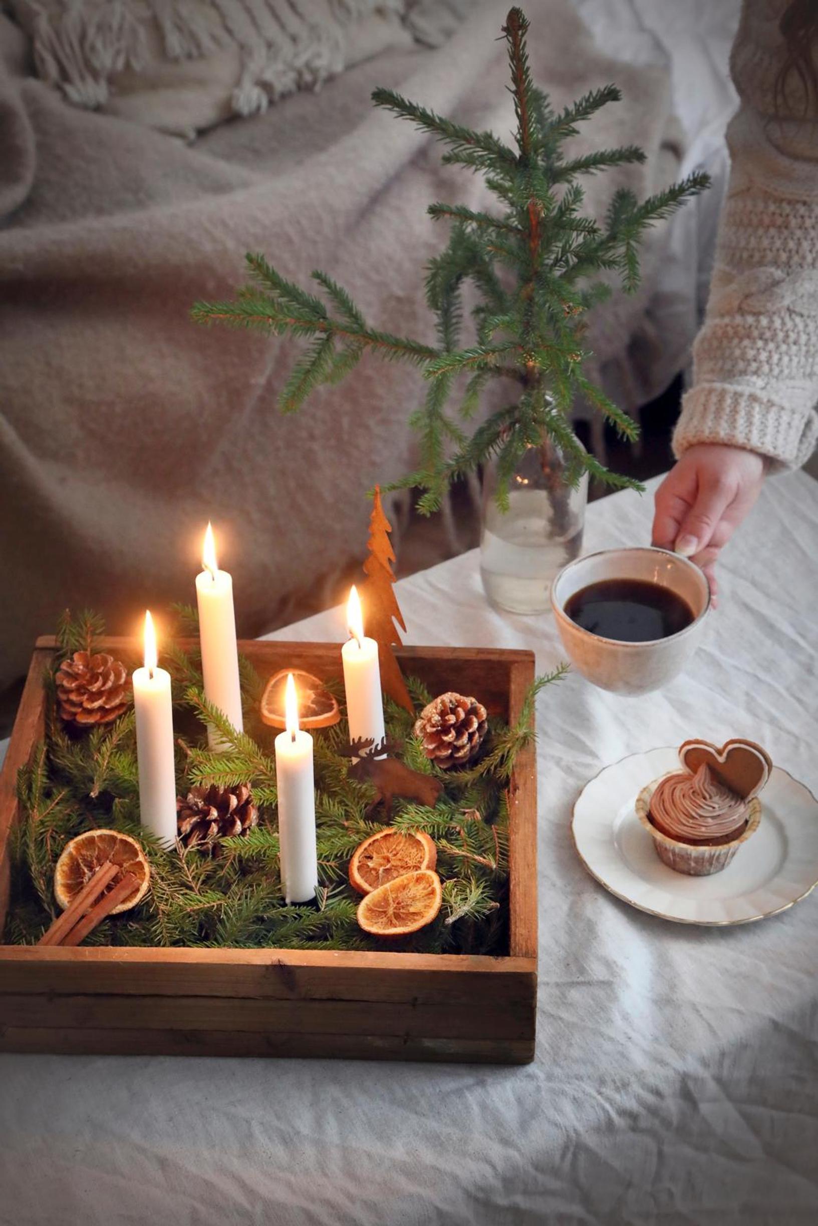 An arrangement of evergreens, cones, and dried orange slices.