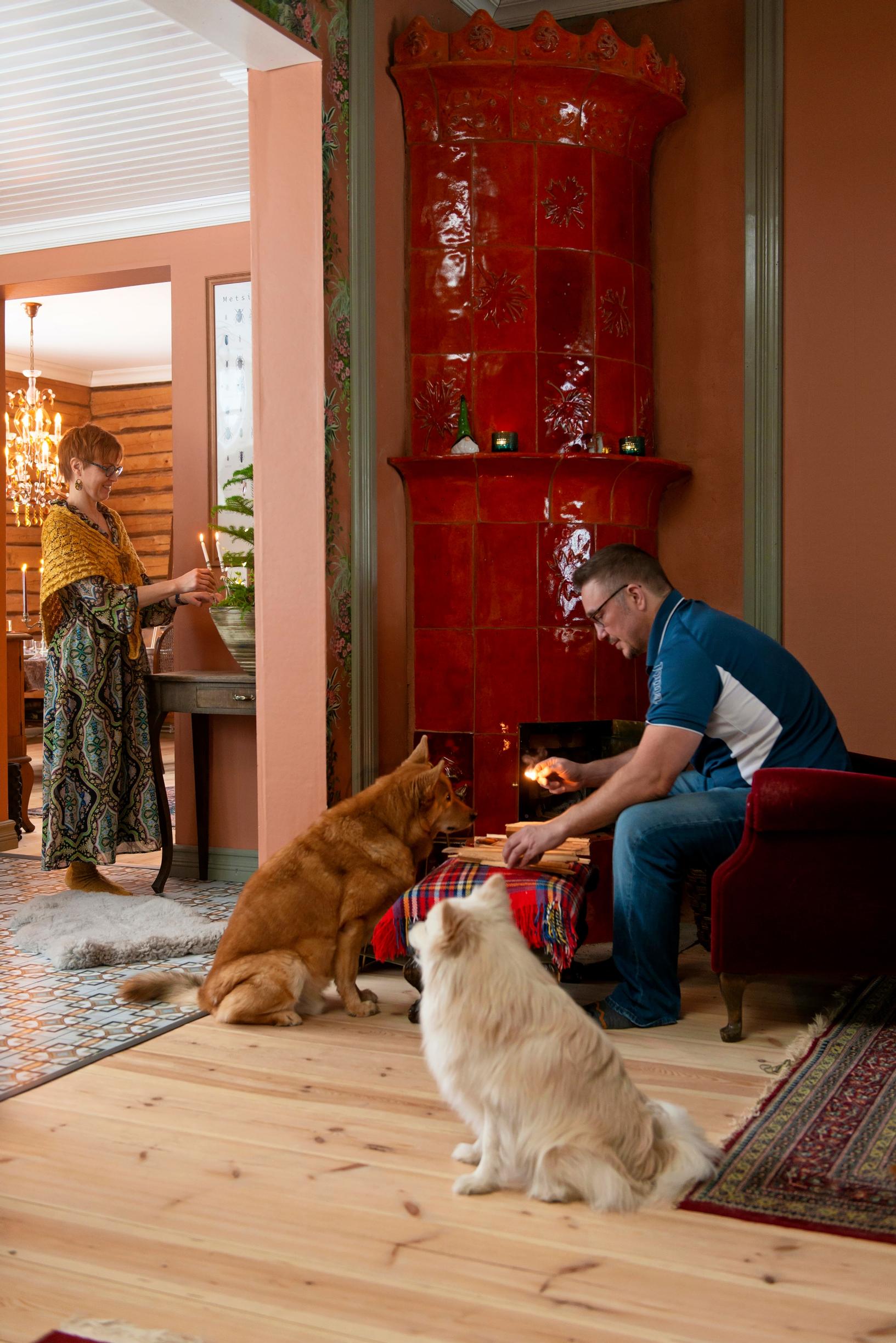 Orange-red tiled stove.