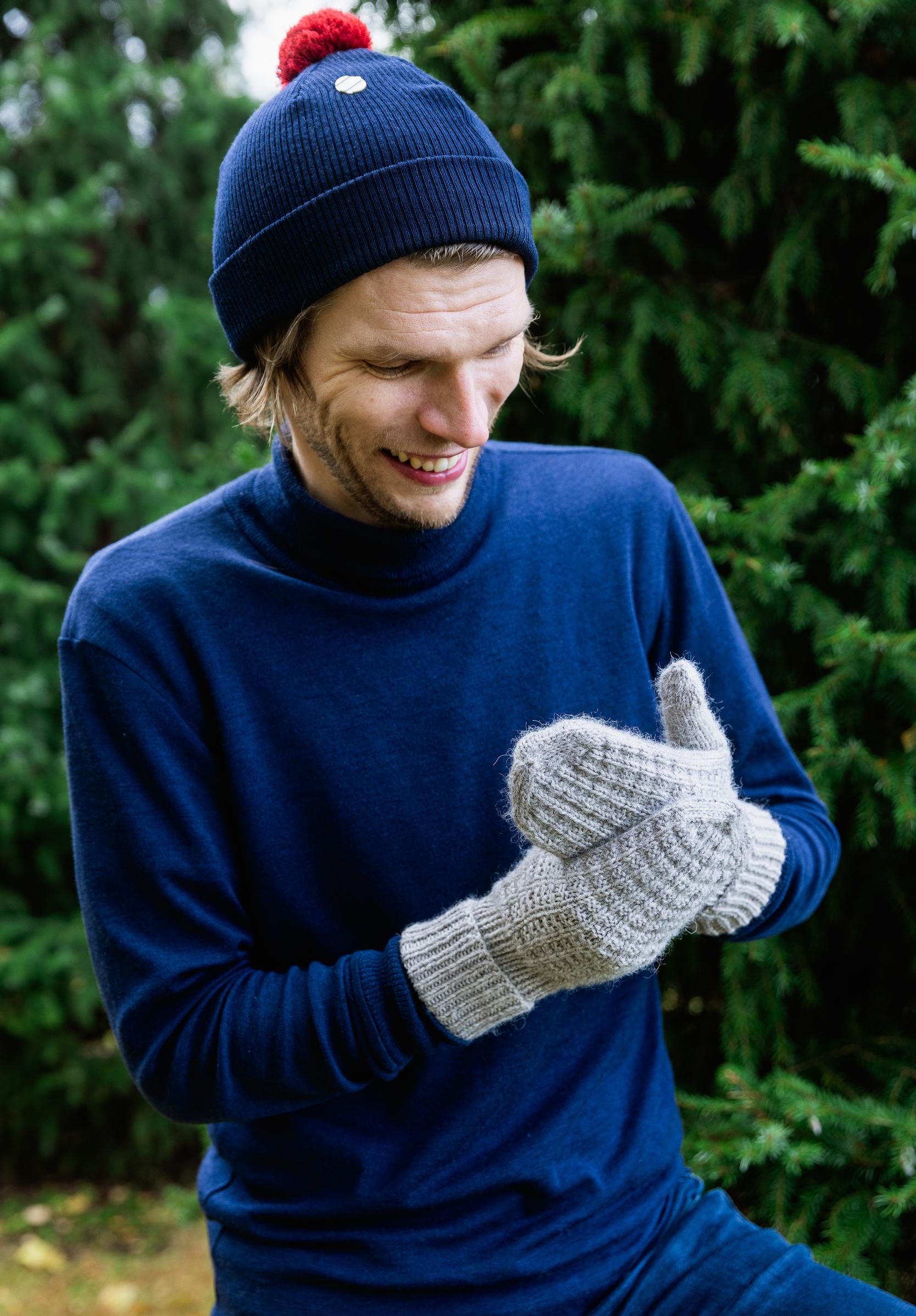 Men's waffle mittens on model's hands