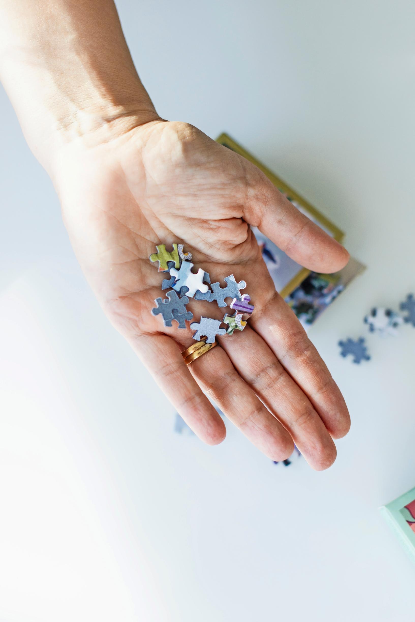 Photo of puzzle pieces in a woman’s hand.