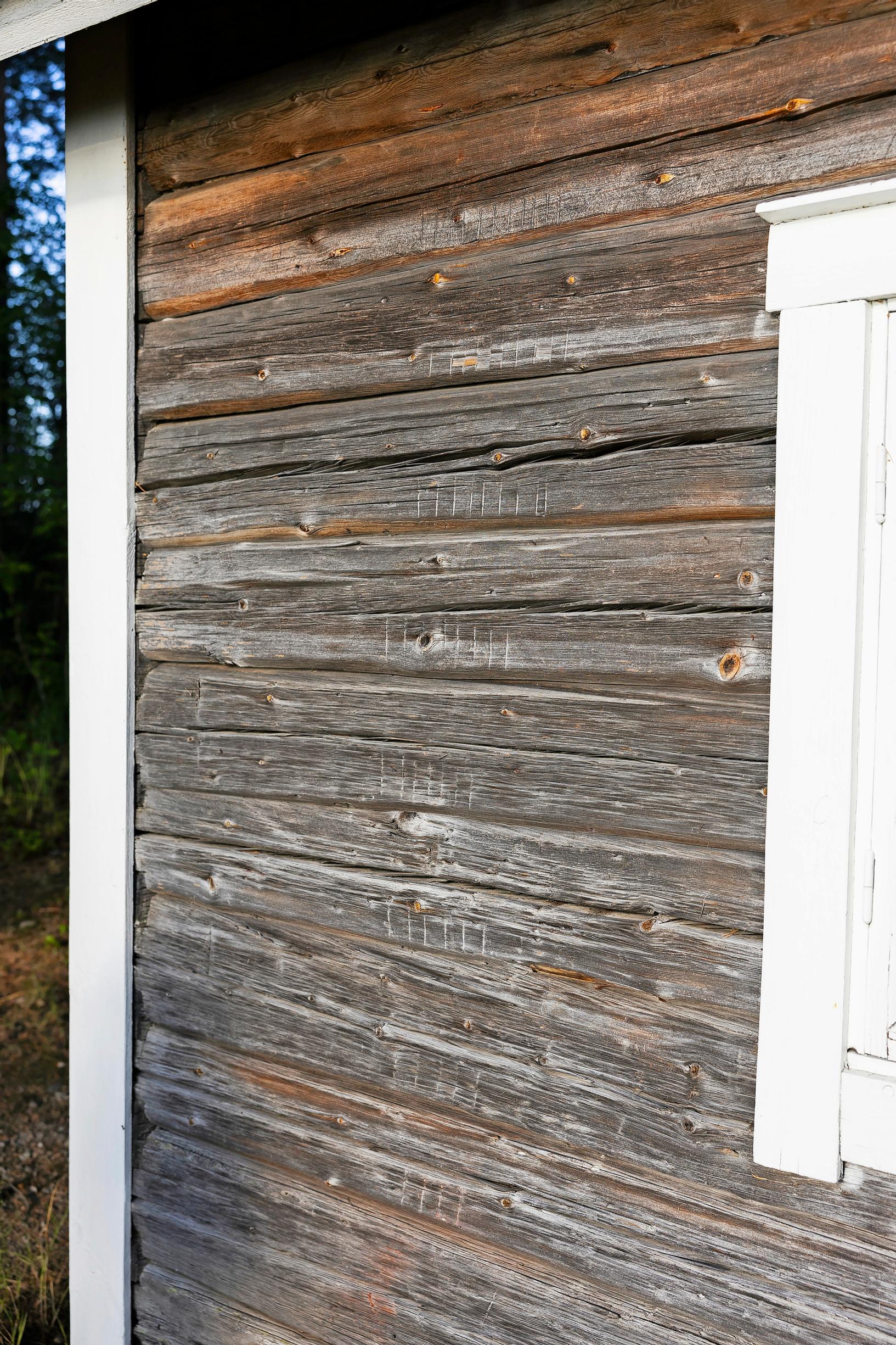 Old exterior wall of a gray log building