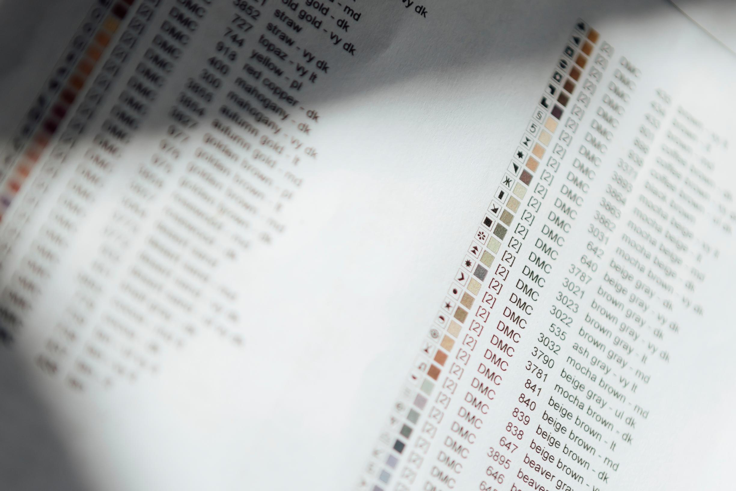 An image of the various colors in a cross-stitch pattern.