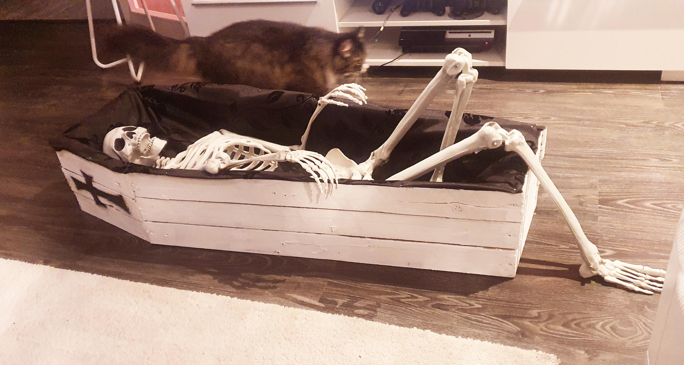 A coffin built from pallet boards with a skeleton lying inside.