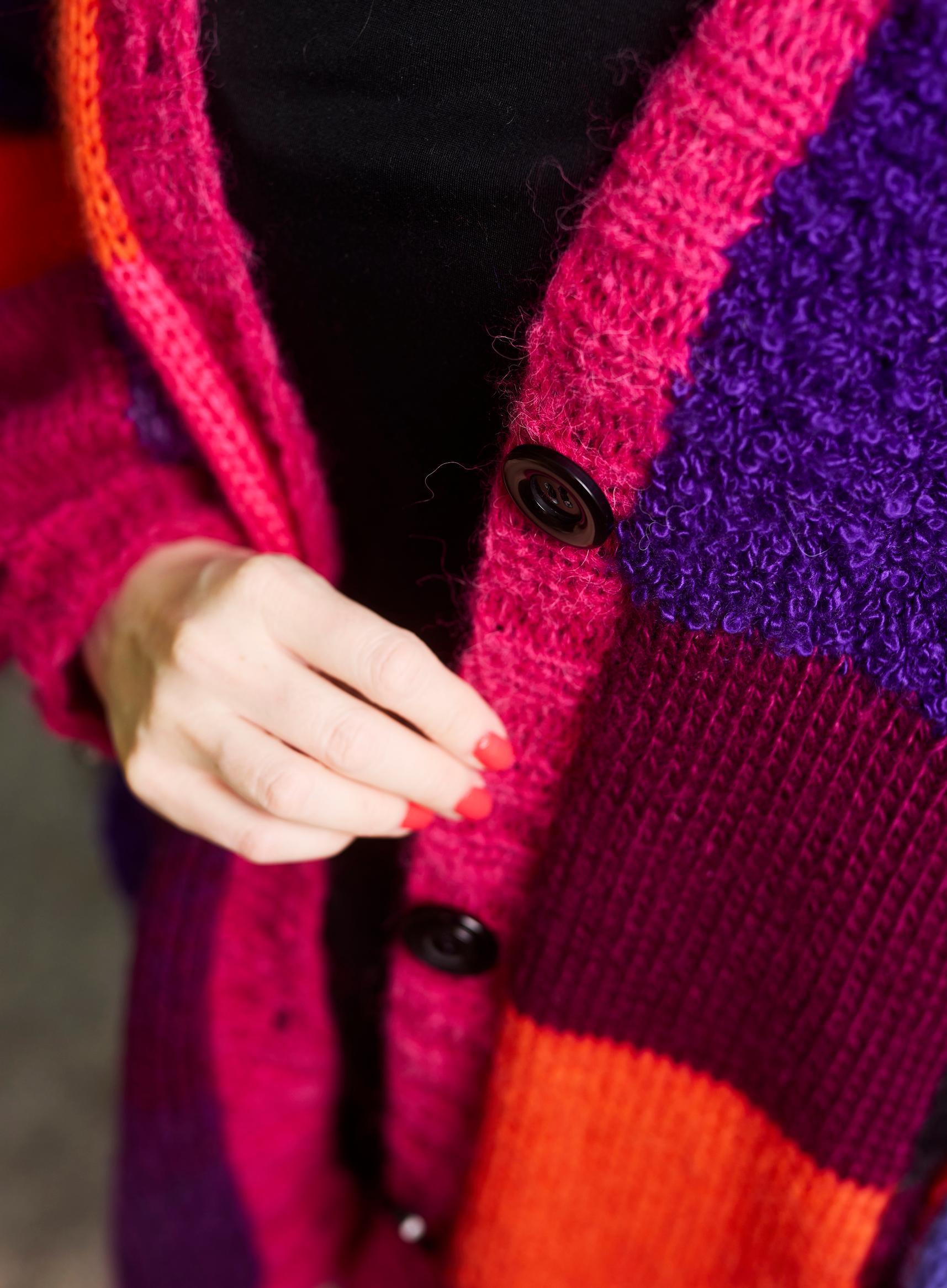 Knit patchwork cardigan button band