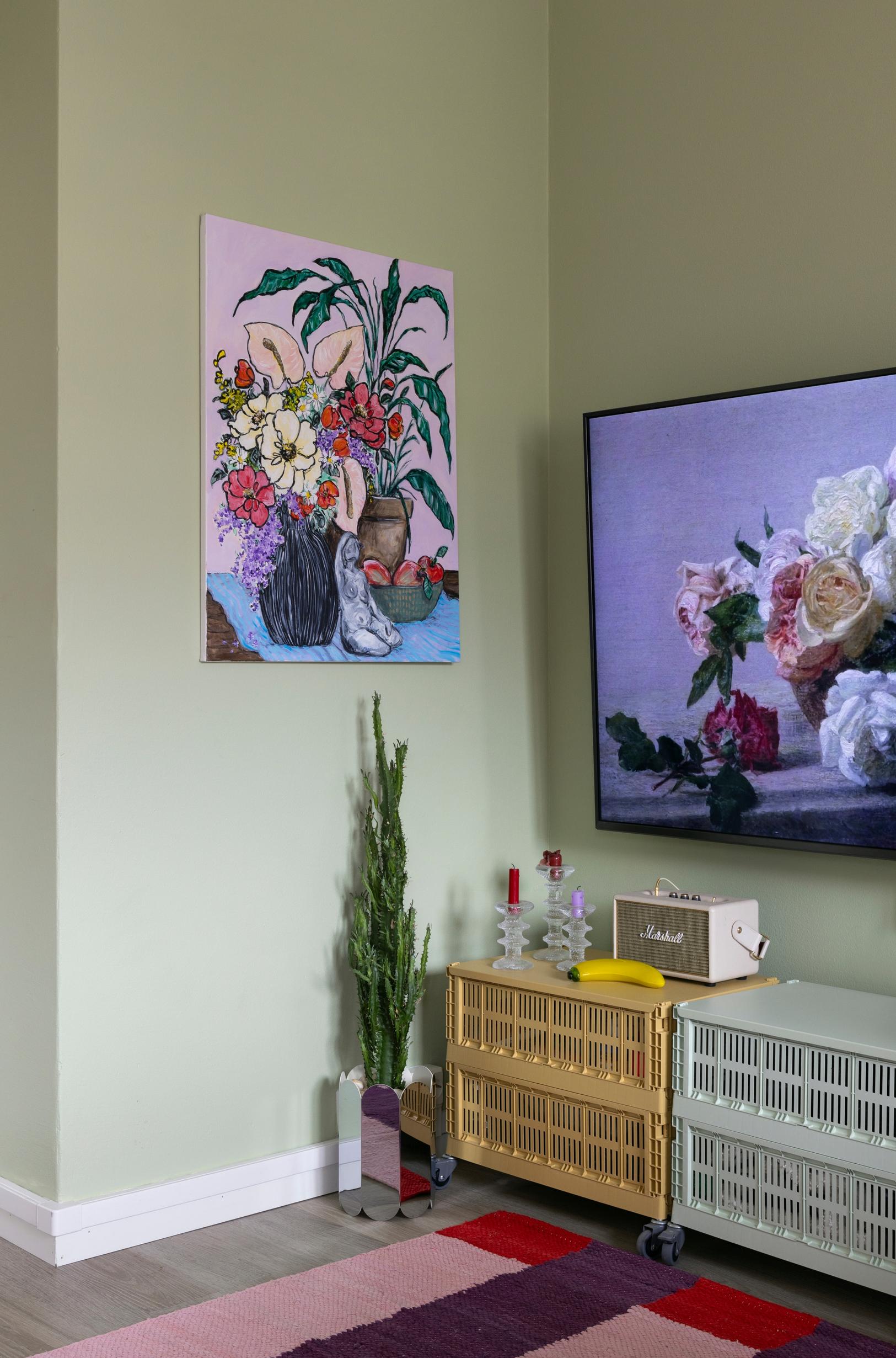 Flower painting and plastic storage boxes