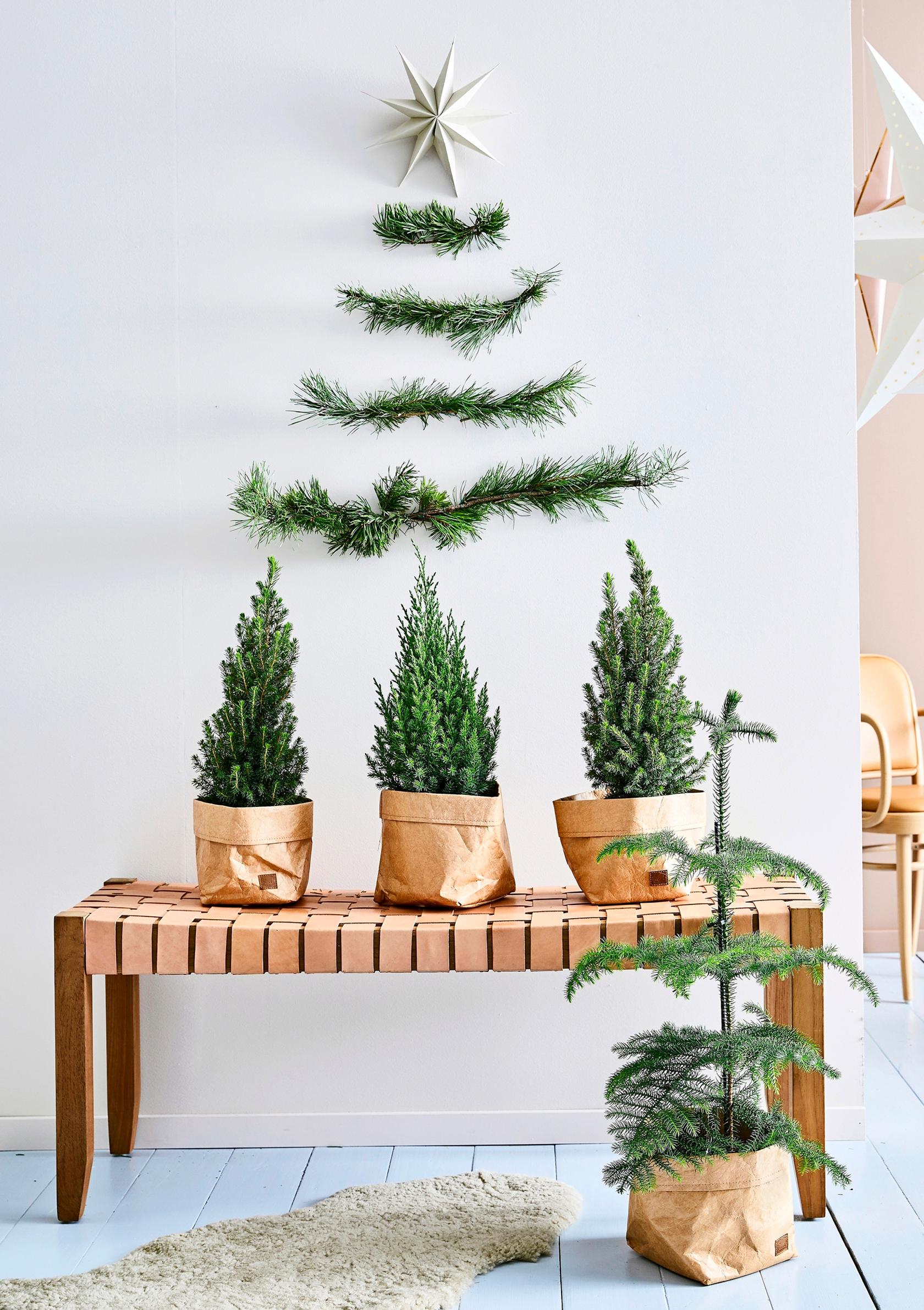 Wall-mounted tree made of evergreen branches