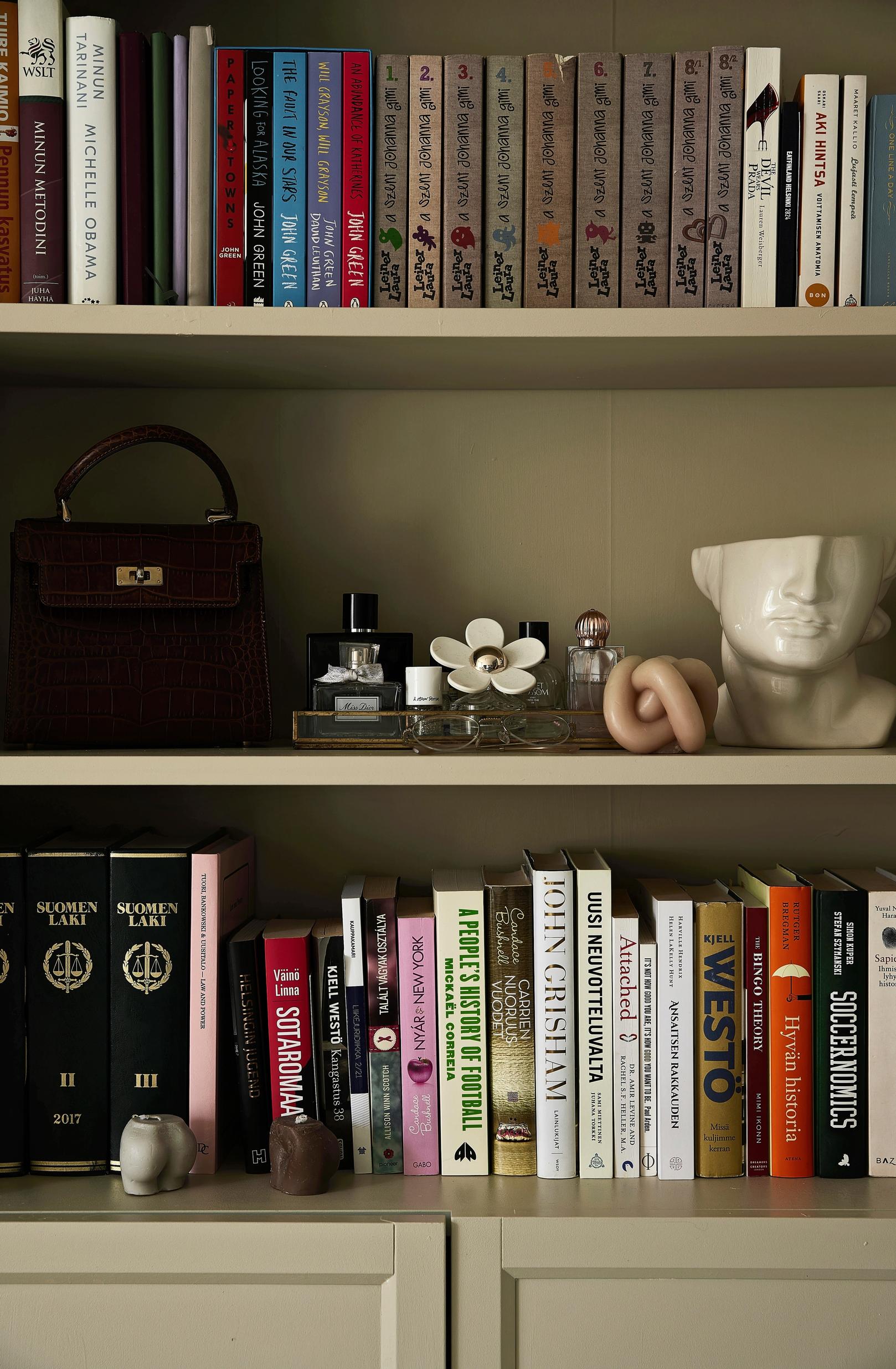 A bookshelf painted green