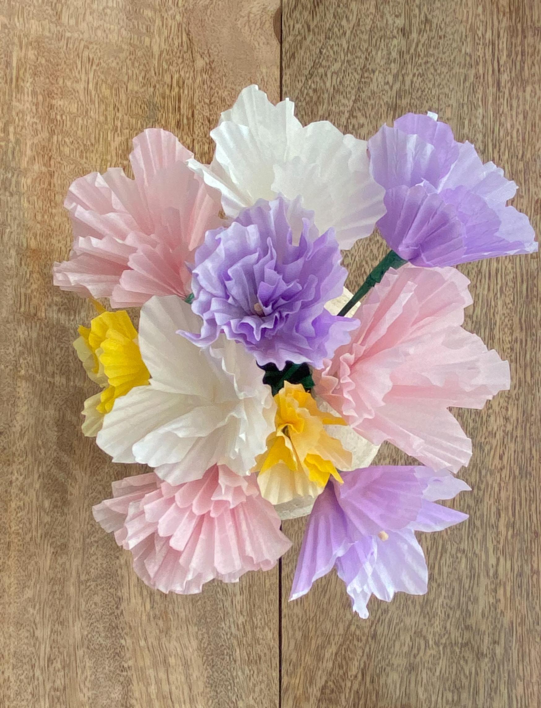 Photo of a finished bouquet of muffin-liner flowers in various colors.