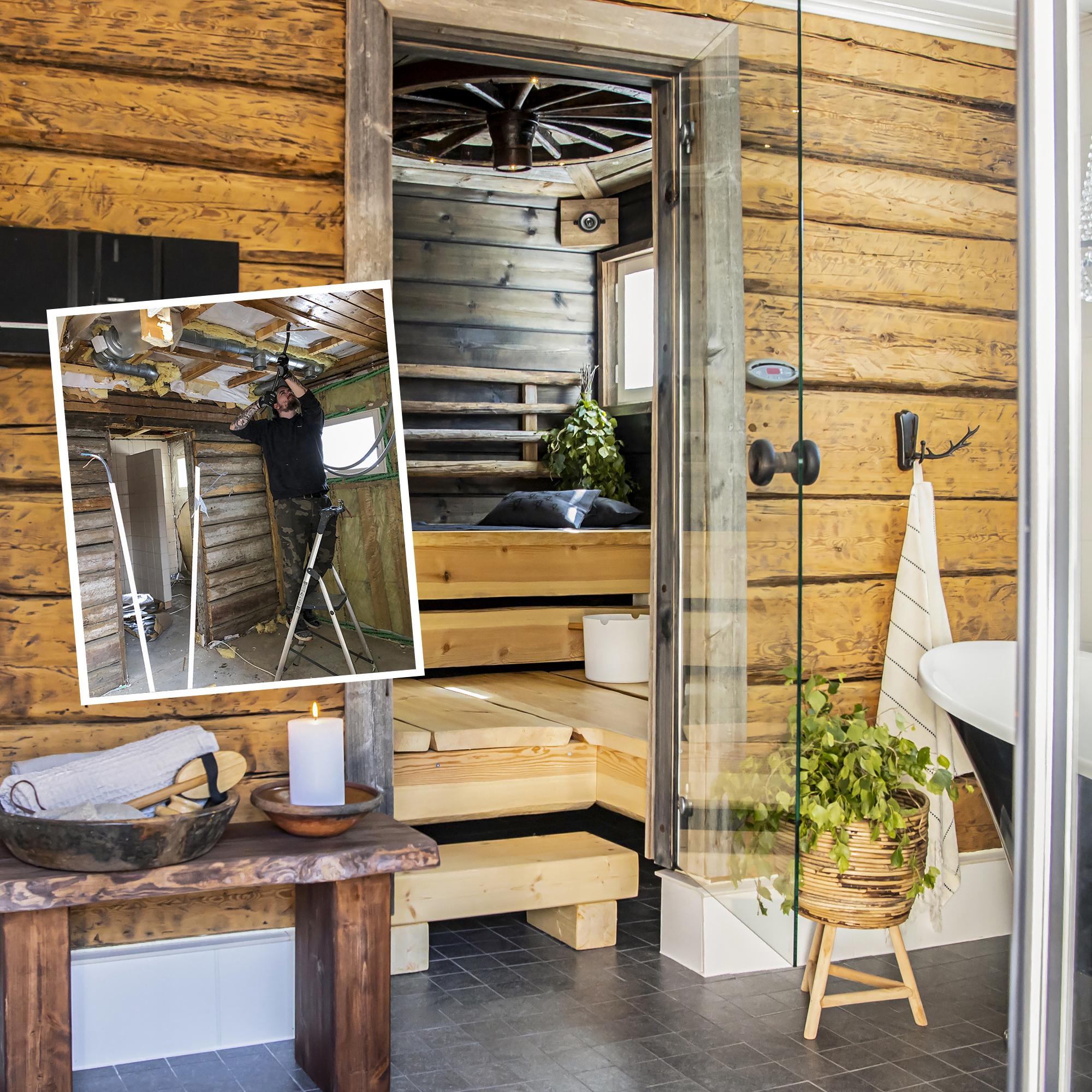 A surprise log wall and a ceiling light inspired by a dream: This sauna renovation was a combination of skill and serendipity