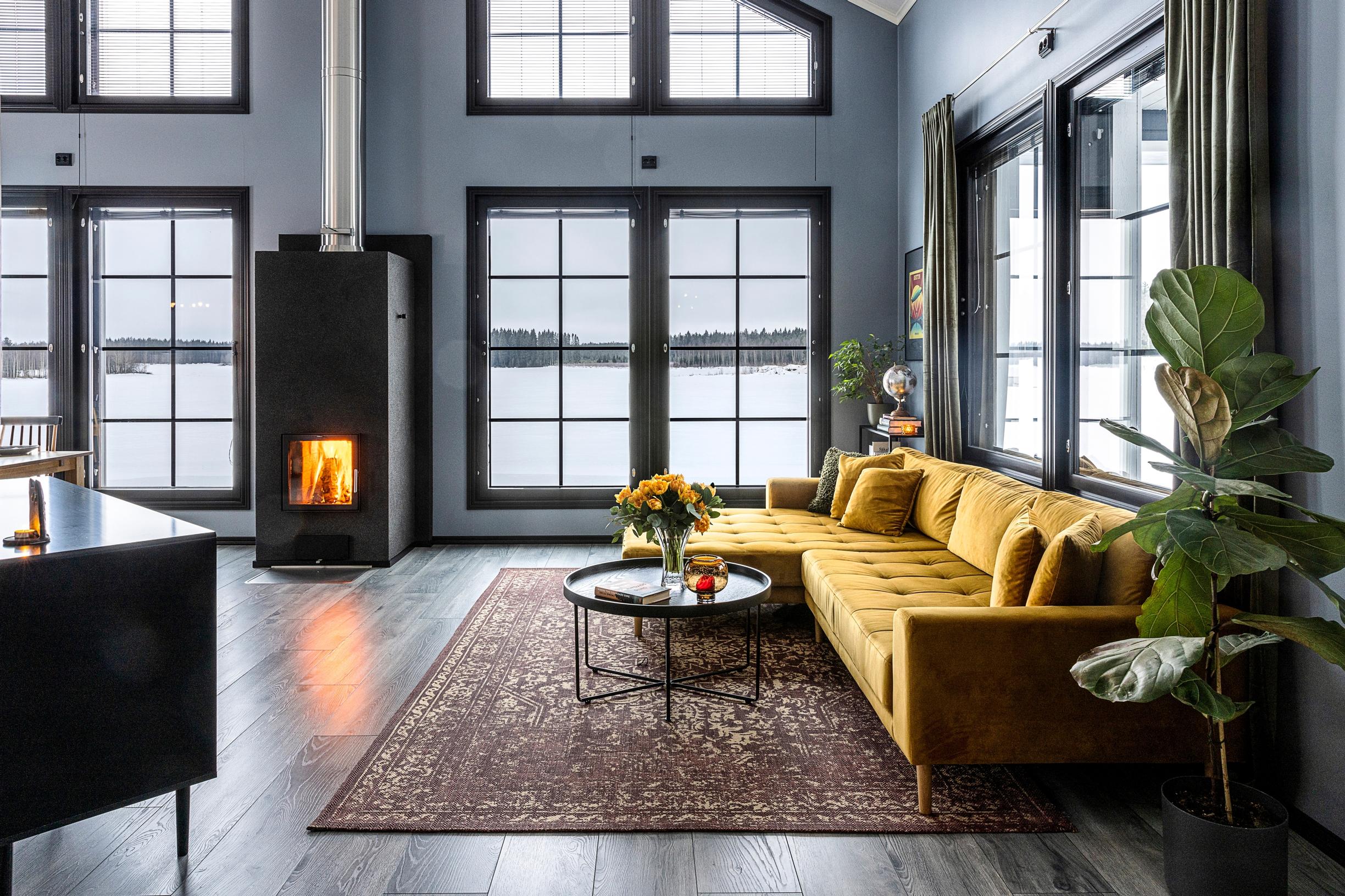 The living room’s oversized yellow sofa.