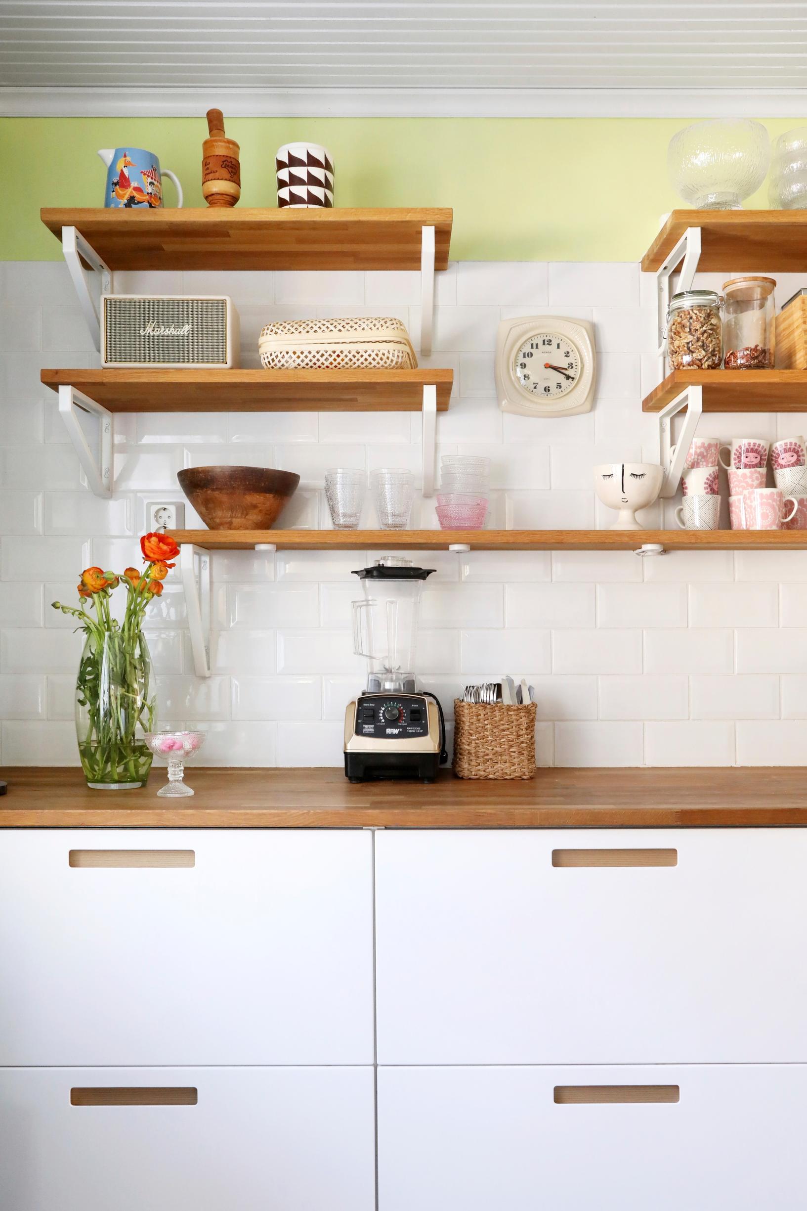 Kitchen open shelving made from oak.