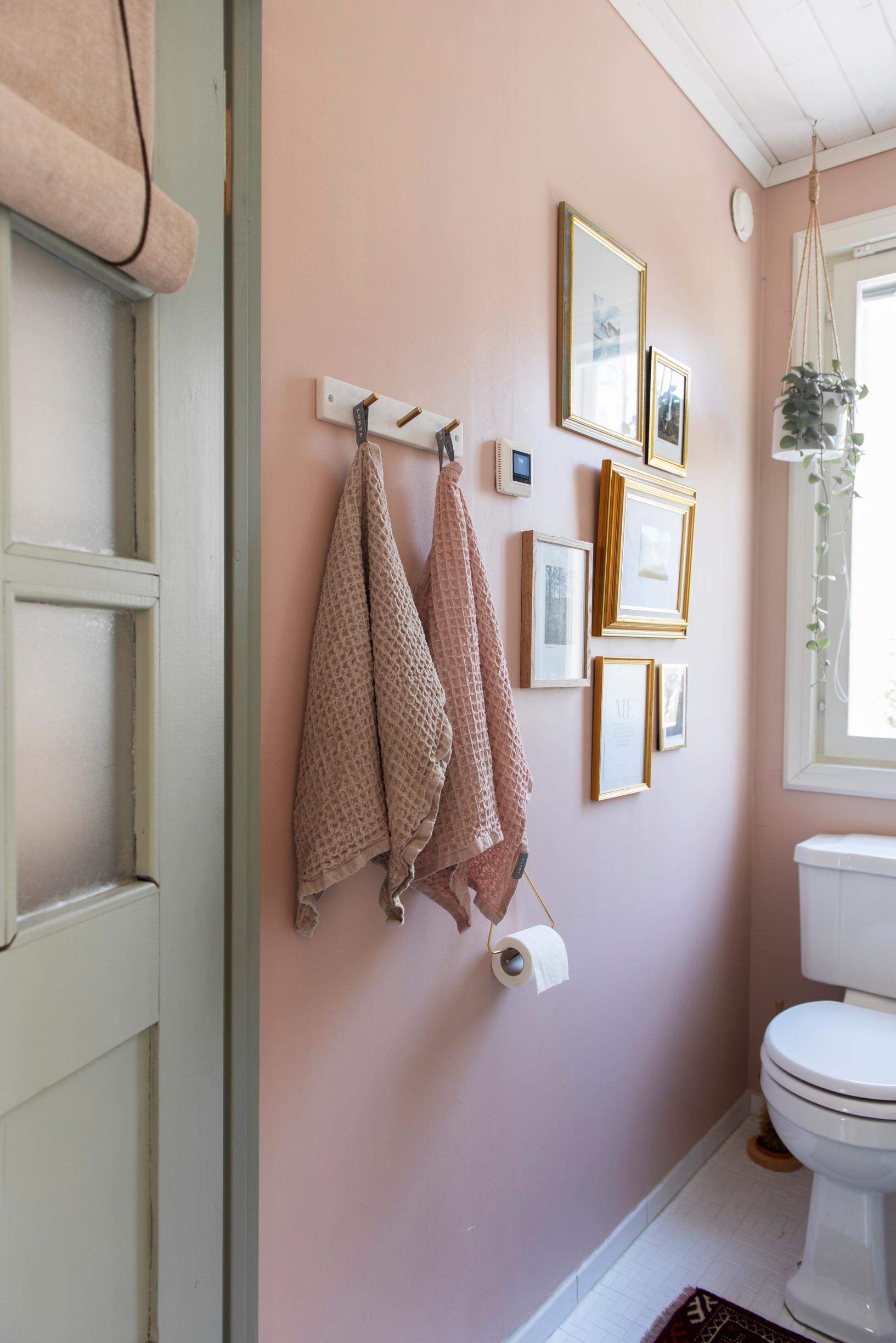A softly pink small toilet with an old door