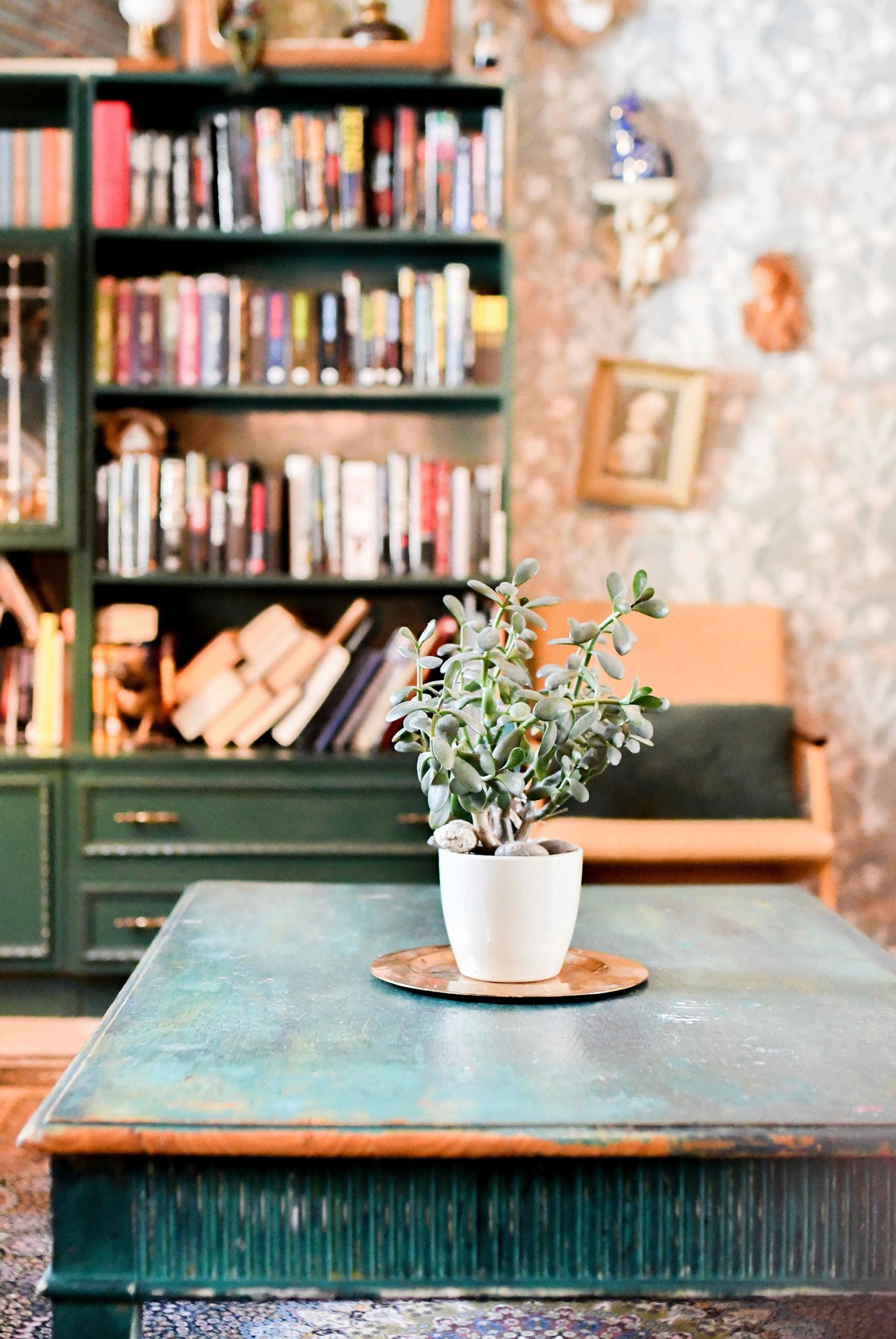 A patinated living room table.