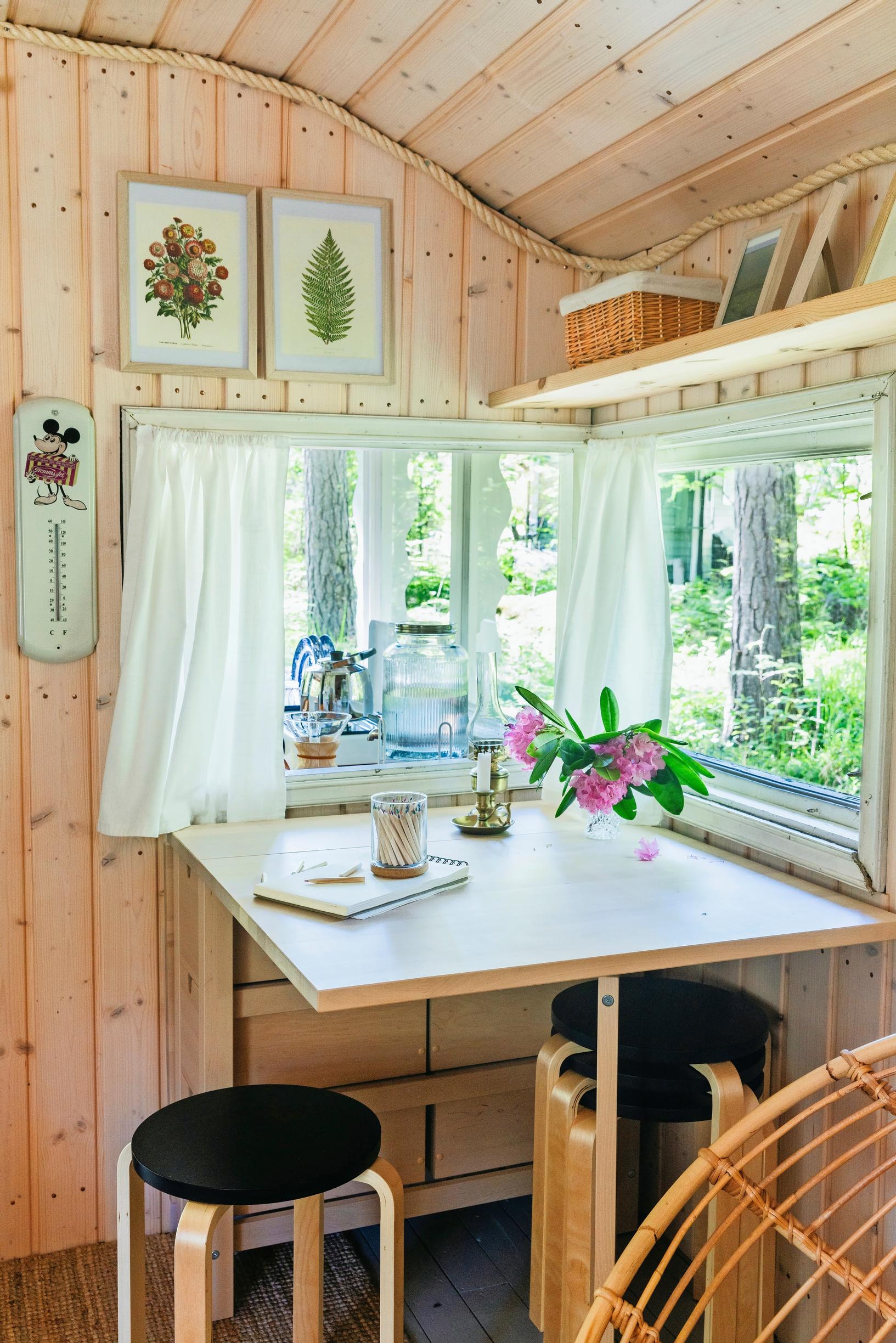 a table and stools in front of a window