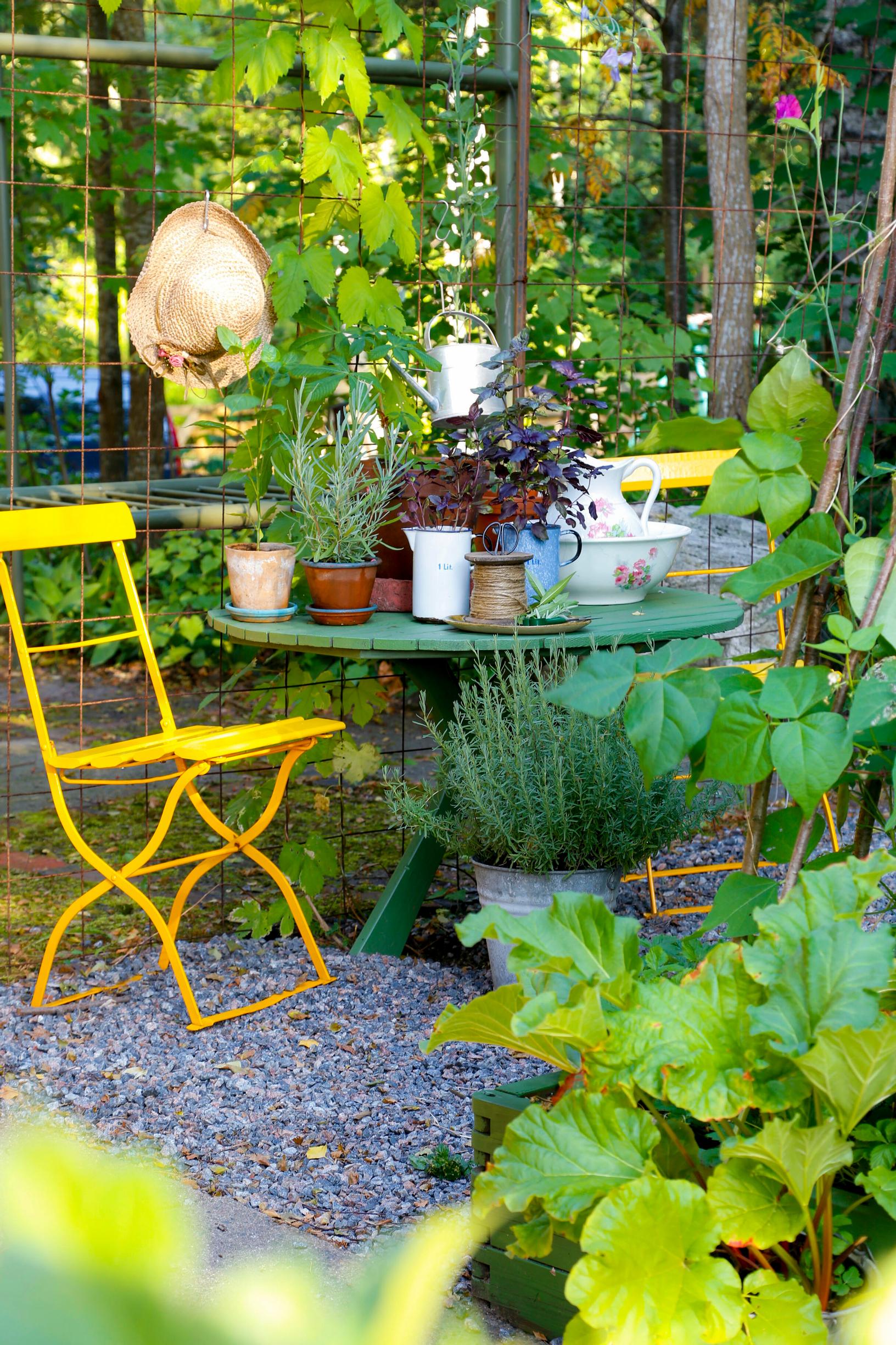 A colorful table set and a collection of potted herbs in the garden.