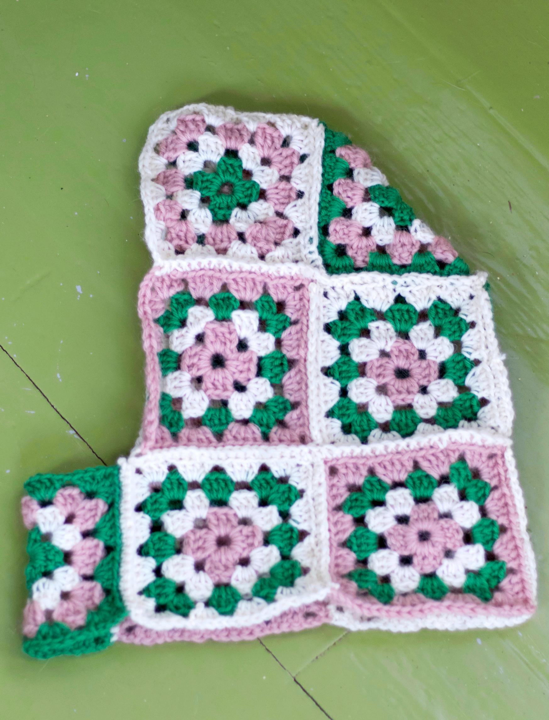 Side view of the hood crocheted from granny squares