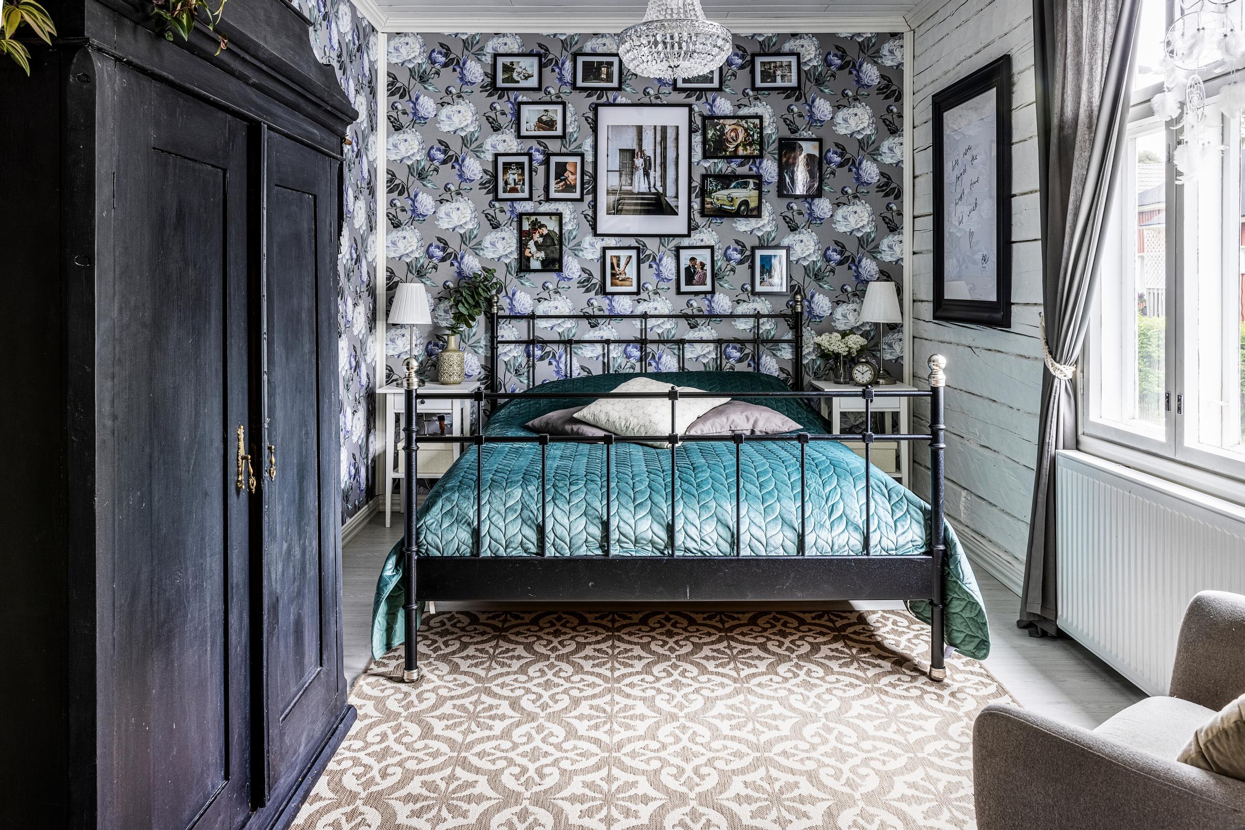 A dark-hued bedroom