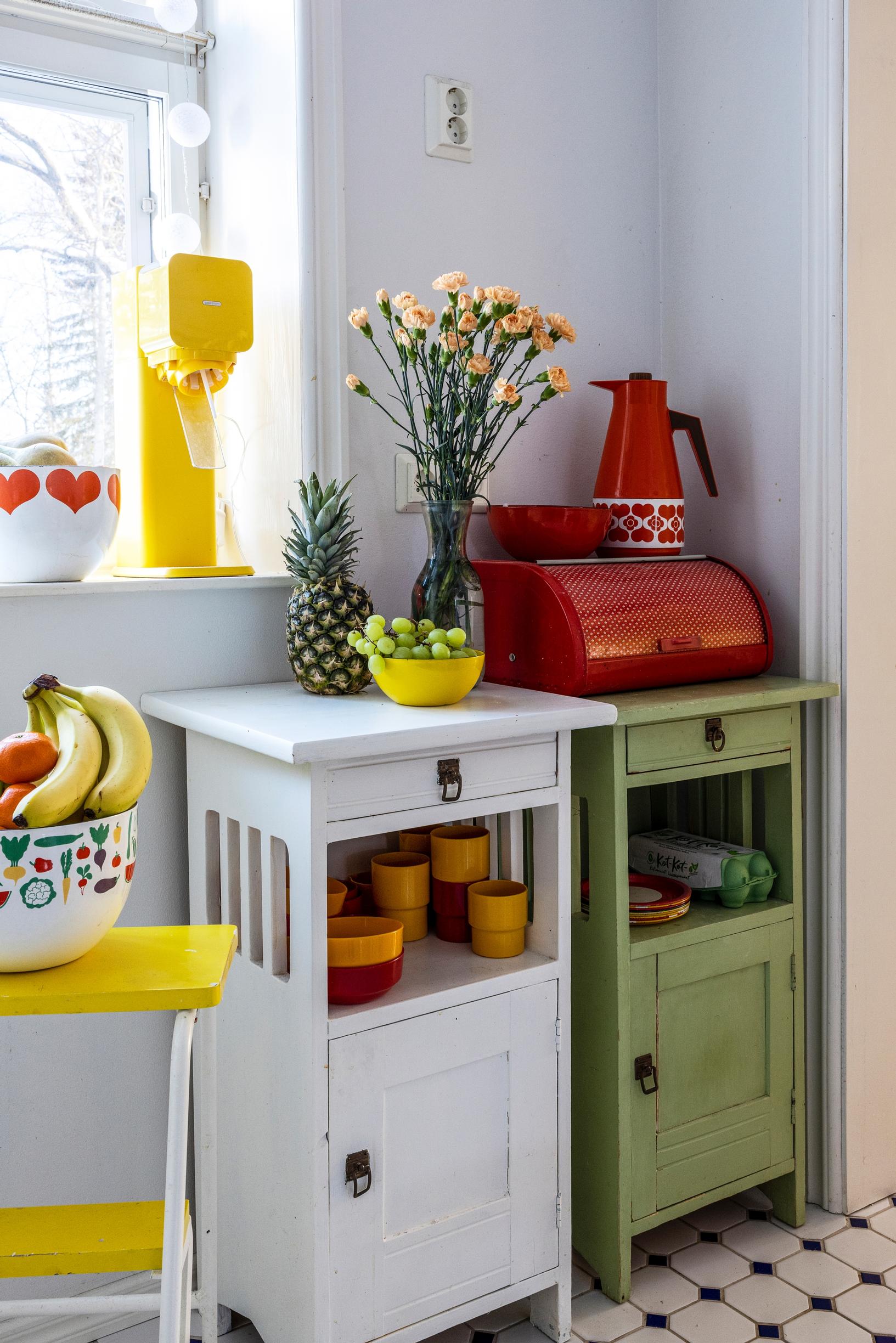 Two vintage washstands in the kitchen.