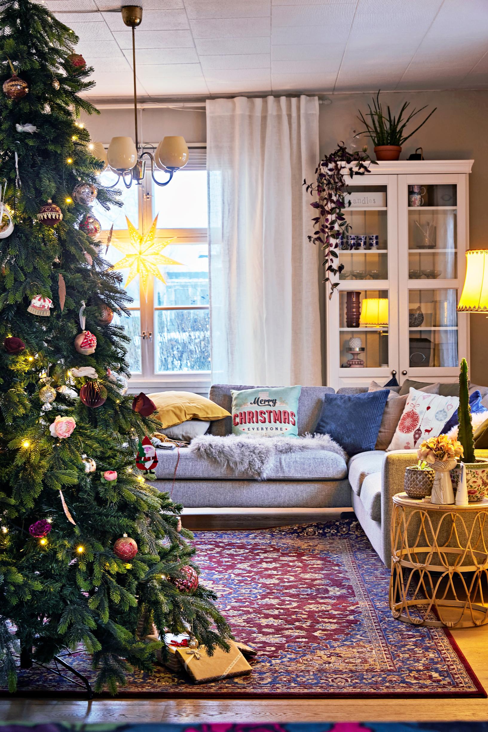 A living room decorated for Christmas