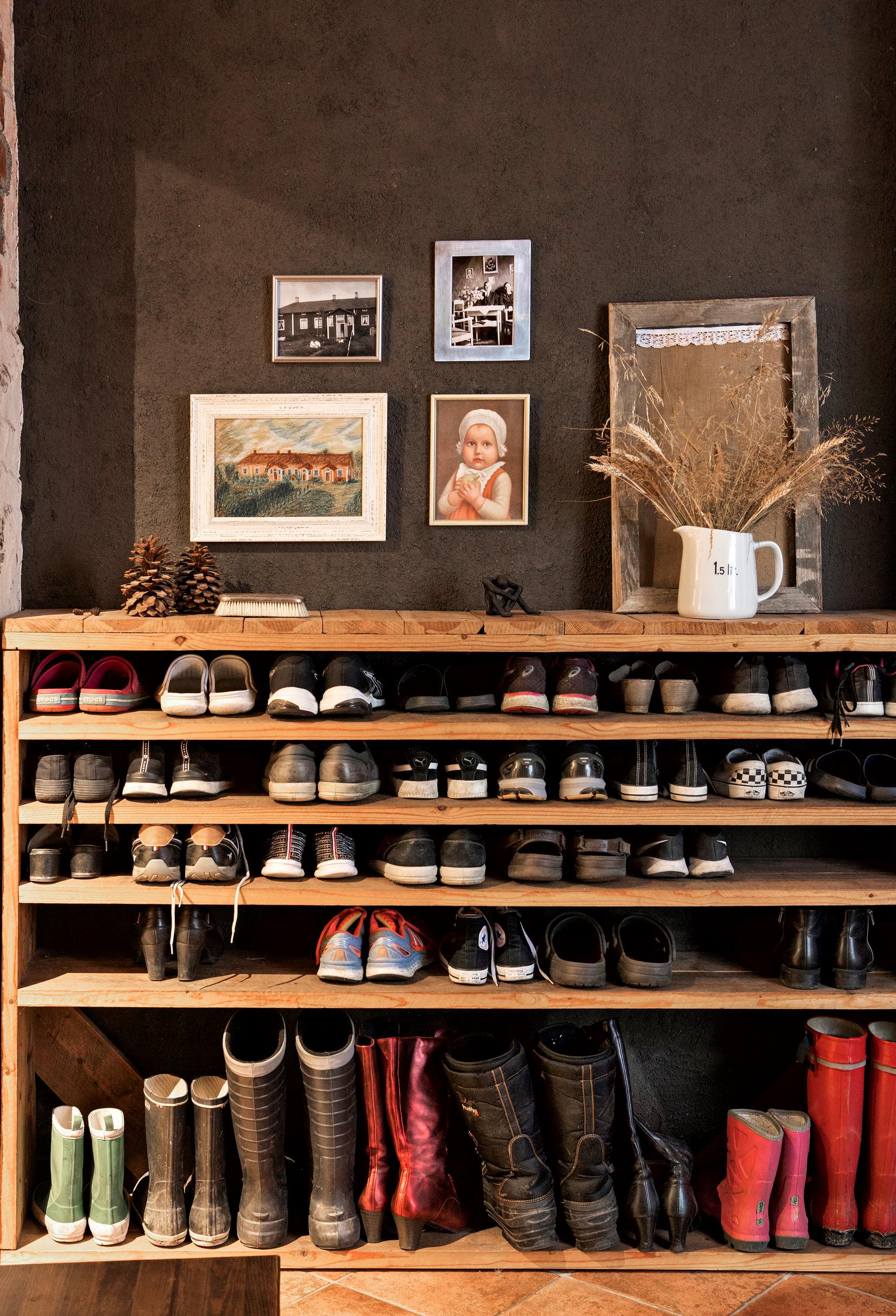A shoe rack made from floorboards