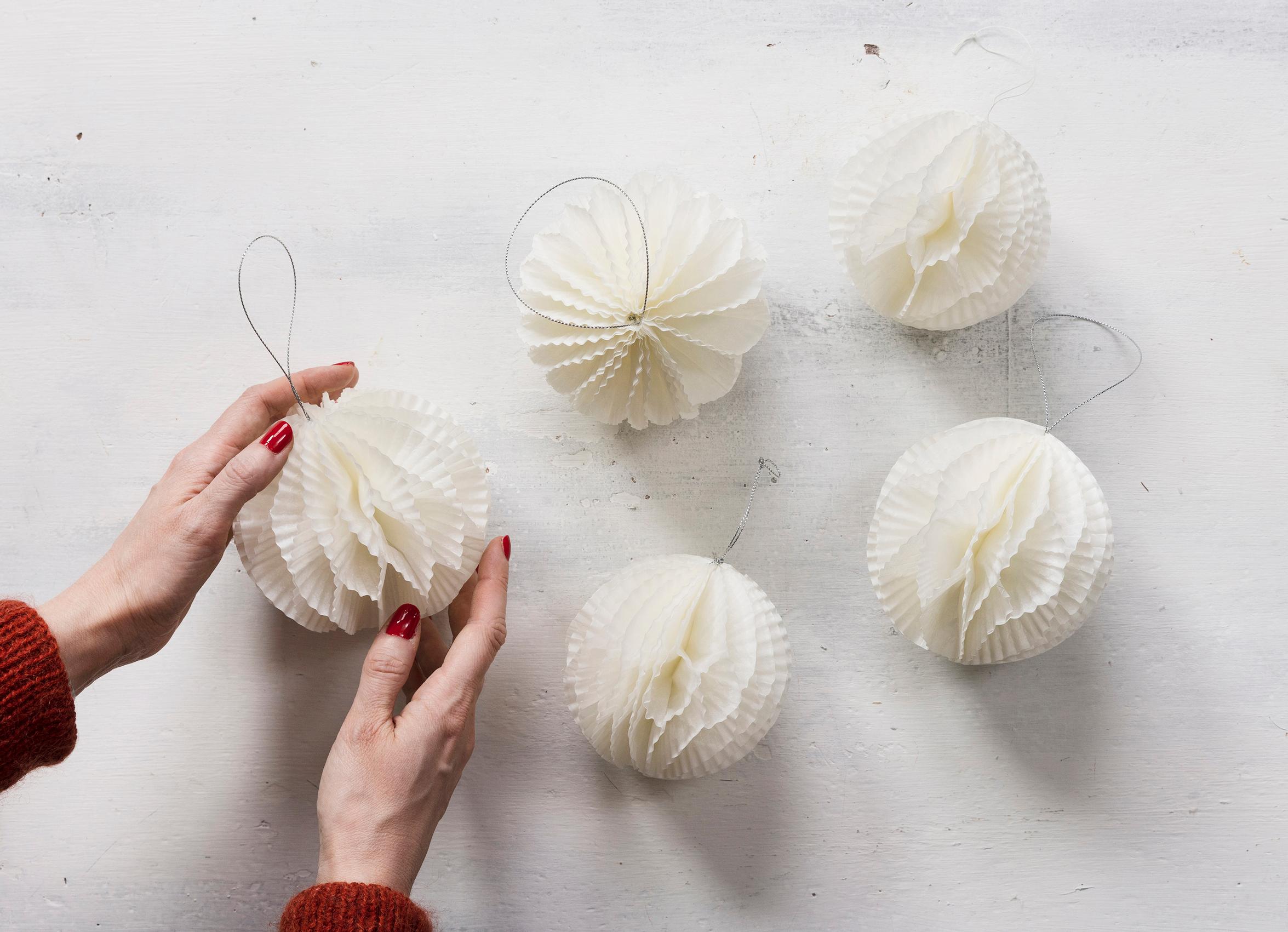 Cupcake liner balls on a table