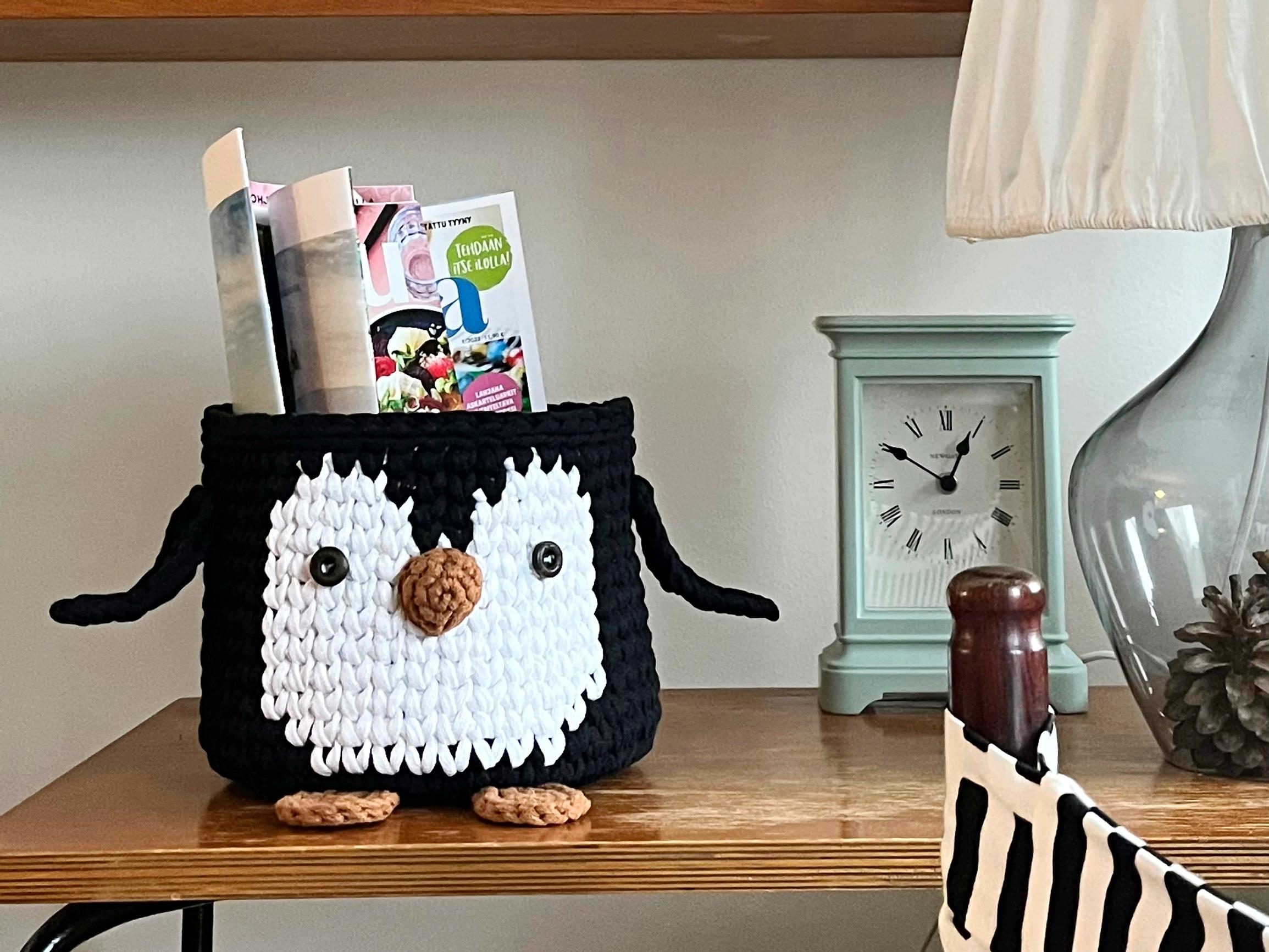 This delightful penguin basket will keep your things in order—crochet it with this easy pattern!