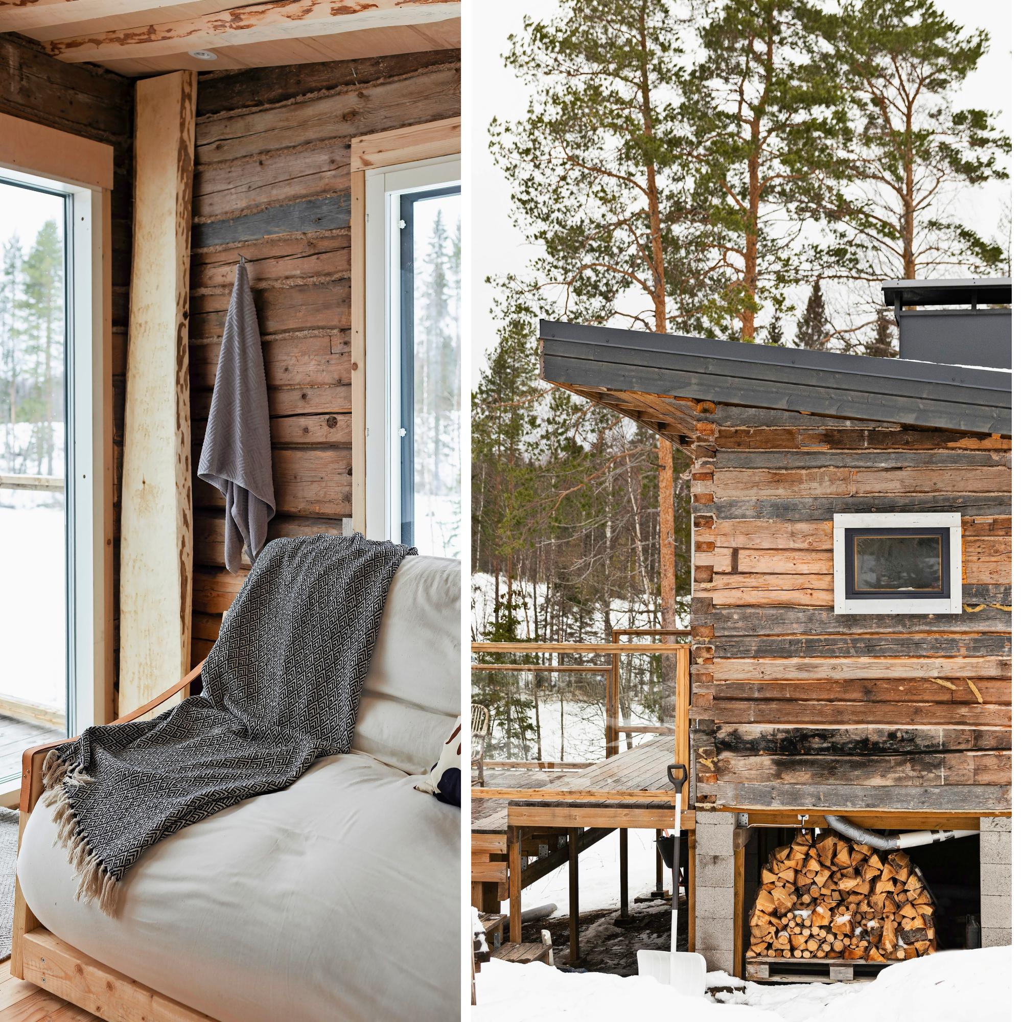 Sauna from reclaimed logs with handmade furniture! Eetu and Erika’s log sauna is brimming with impressive details