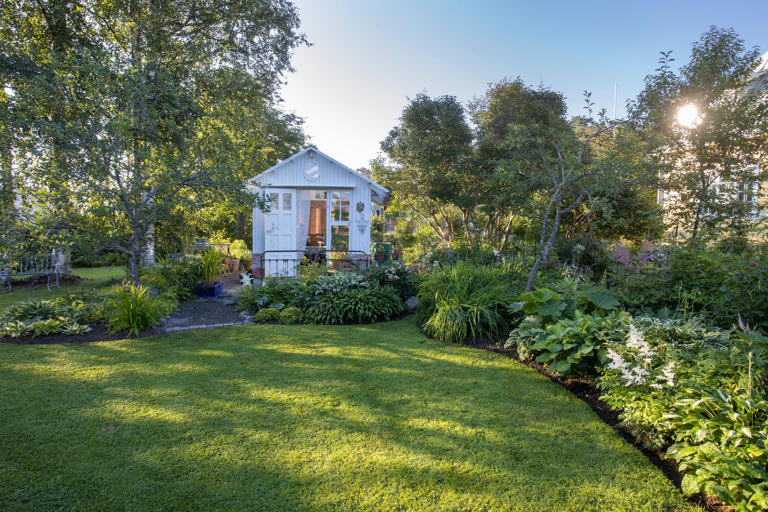 the garden of an old villa in Oulu: lawn and greenhouse