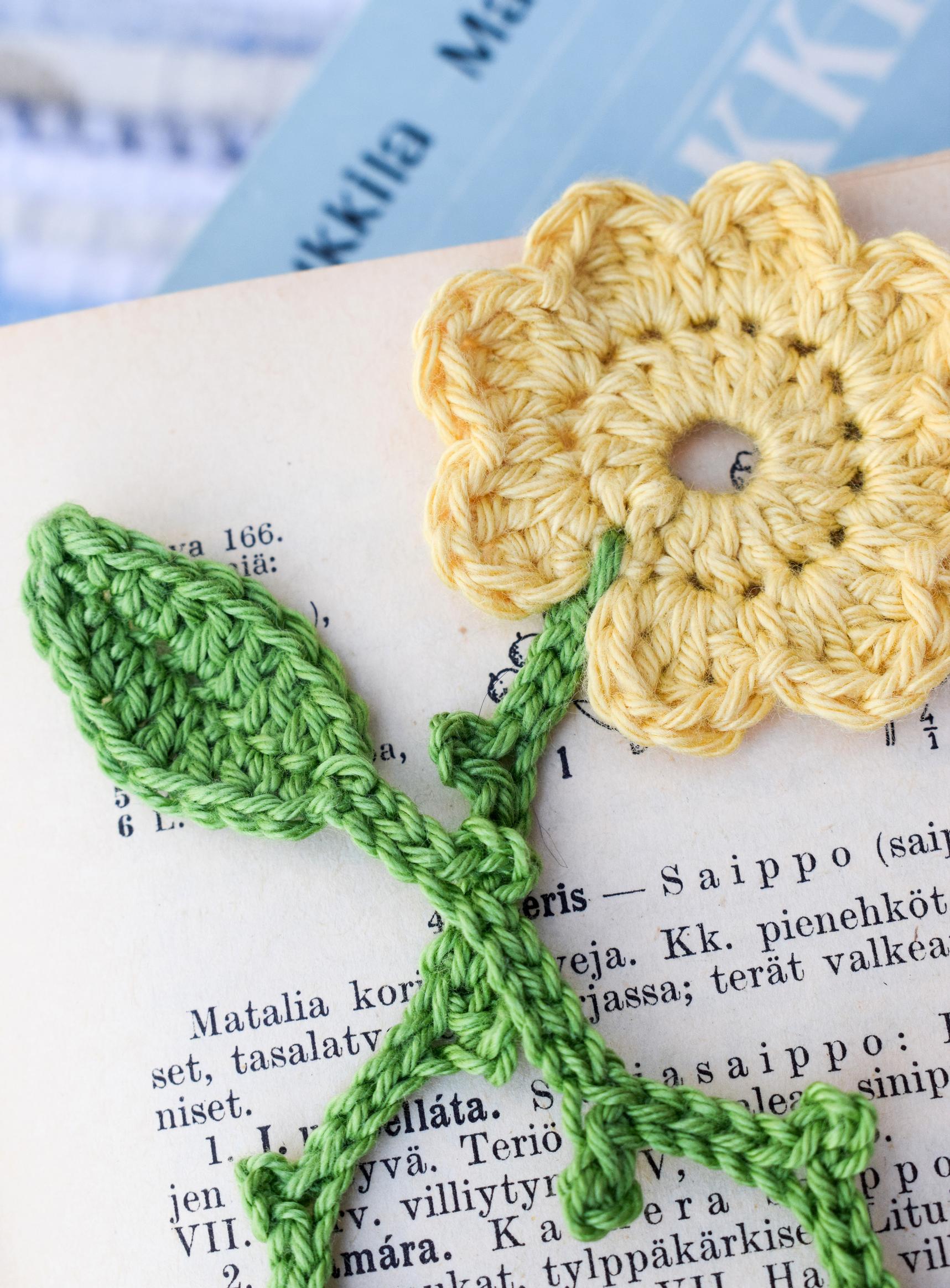 Close-up of a crocheted flower bookmark