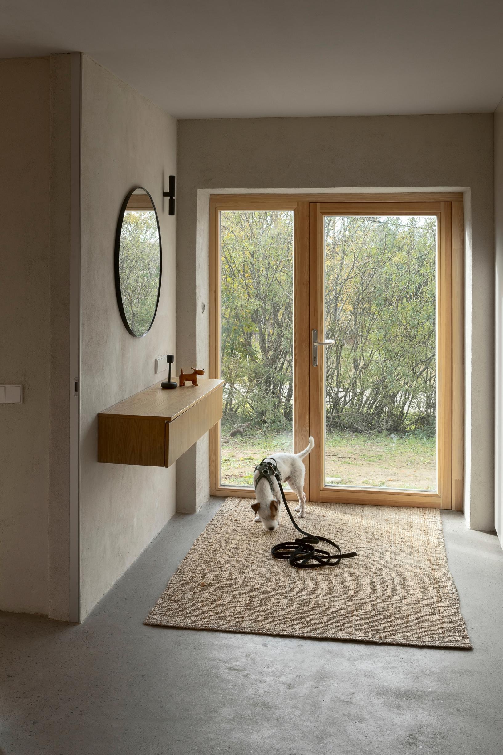 Bright entryway with a pine-framed glass door