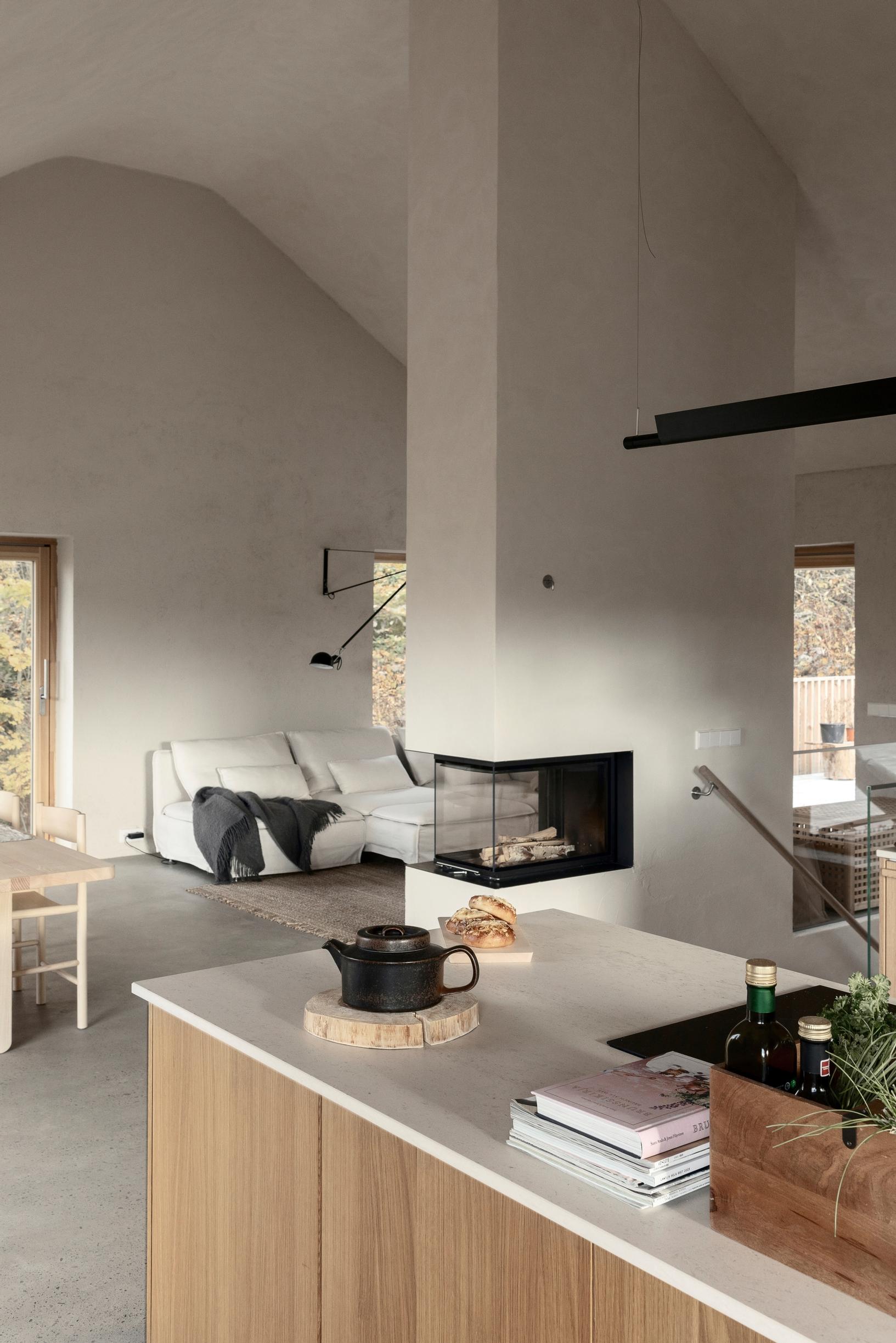 Kitchen island and fireplace