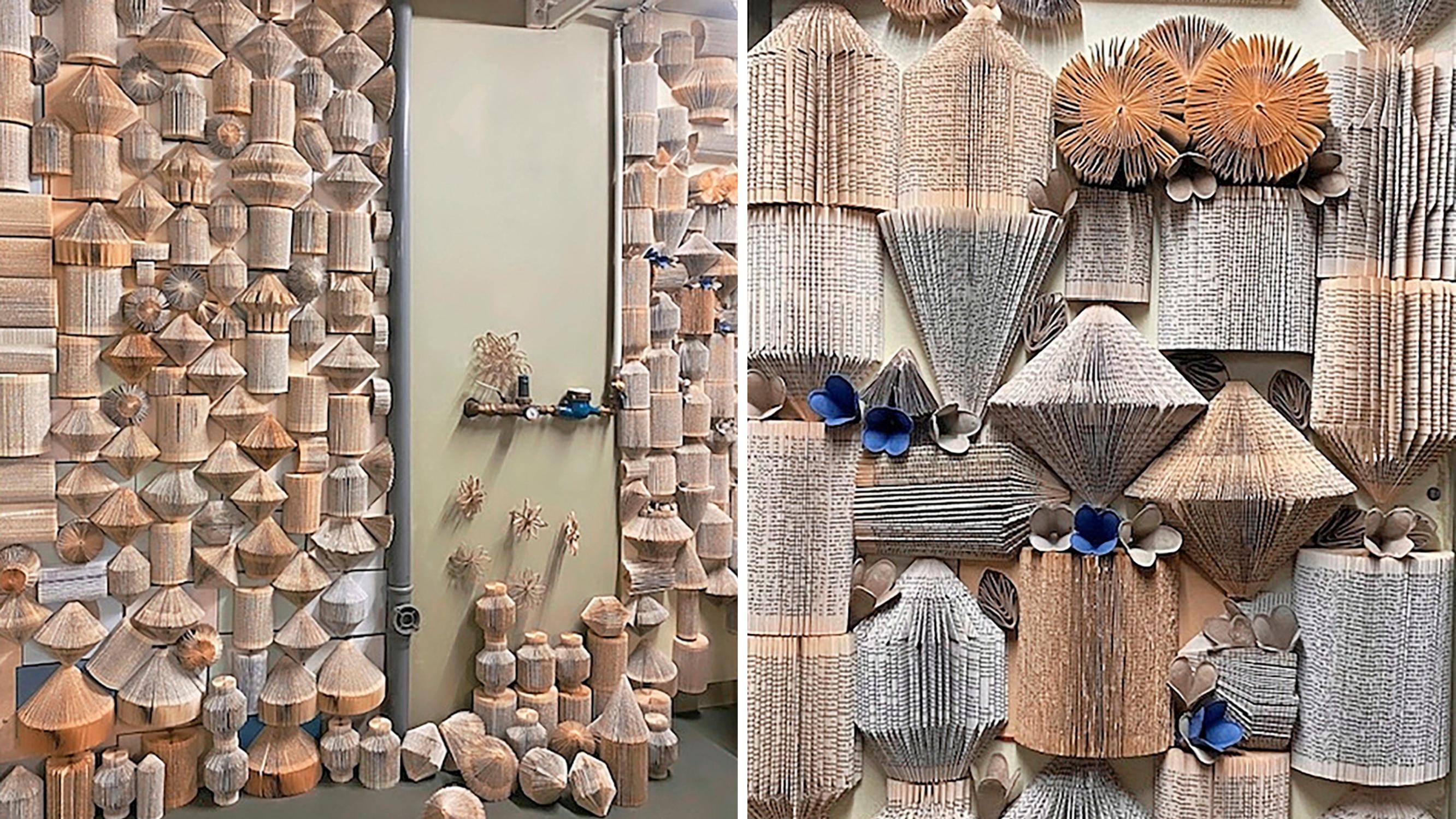 An impressive homemade acoustic wall—here’s how dozens of folded books were put to good use