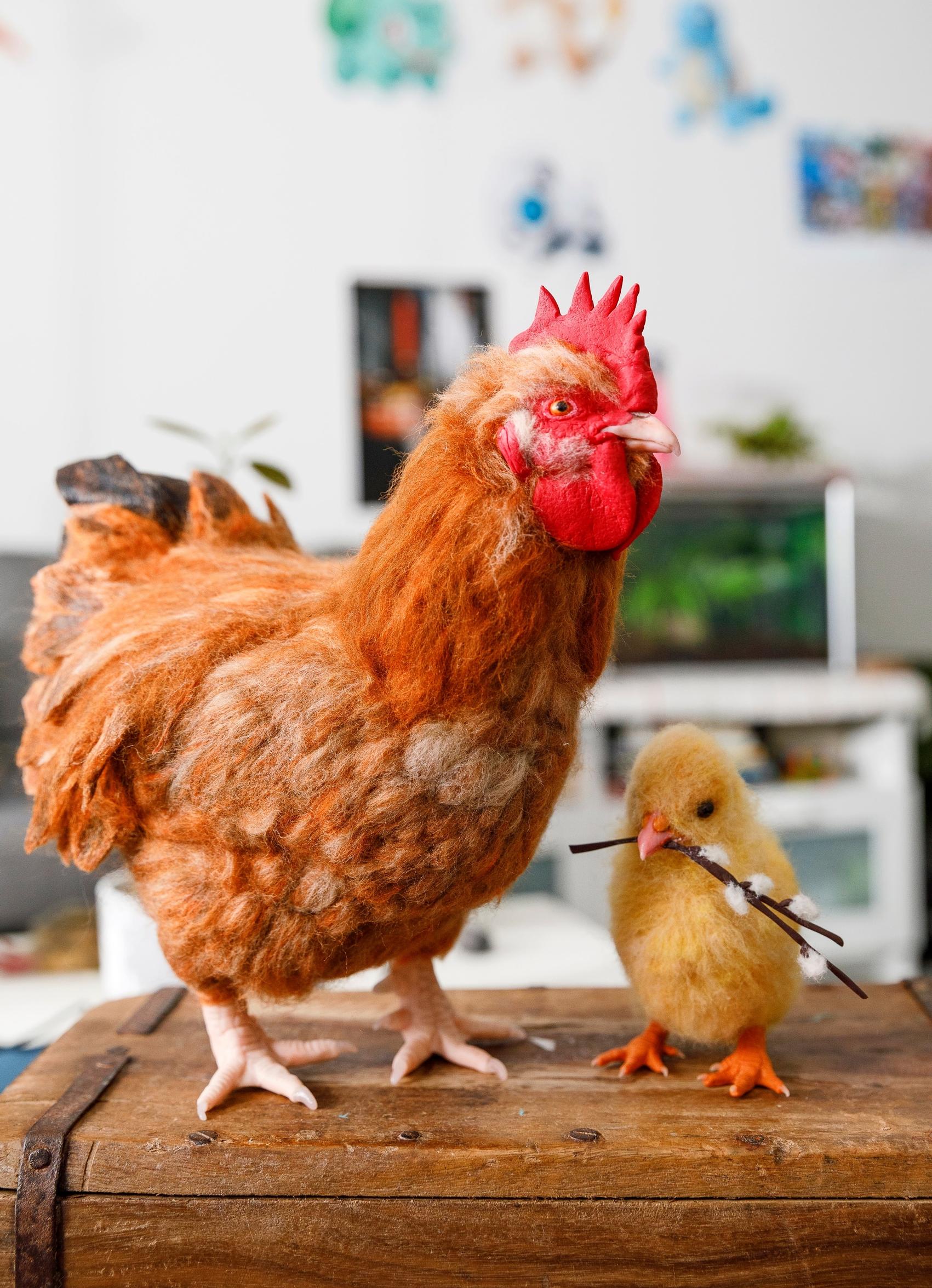 Felted rooster and chick.
