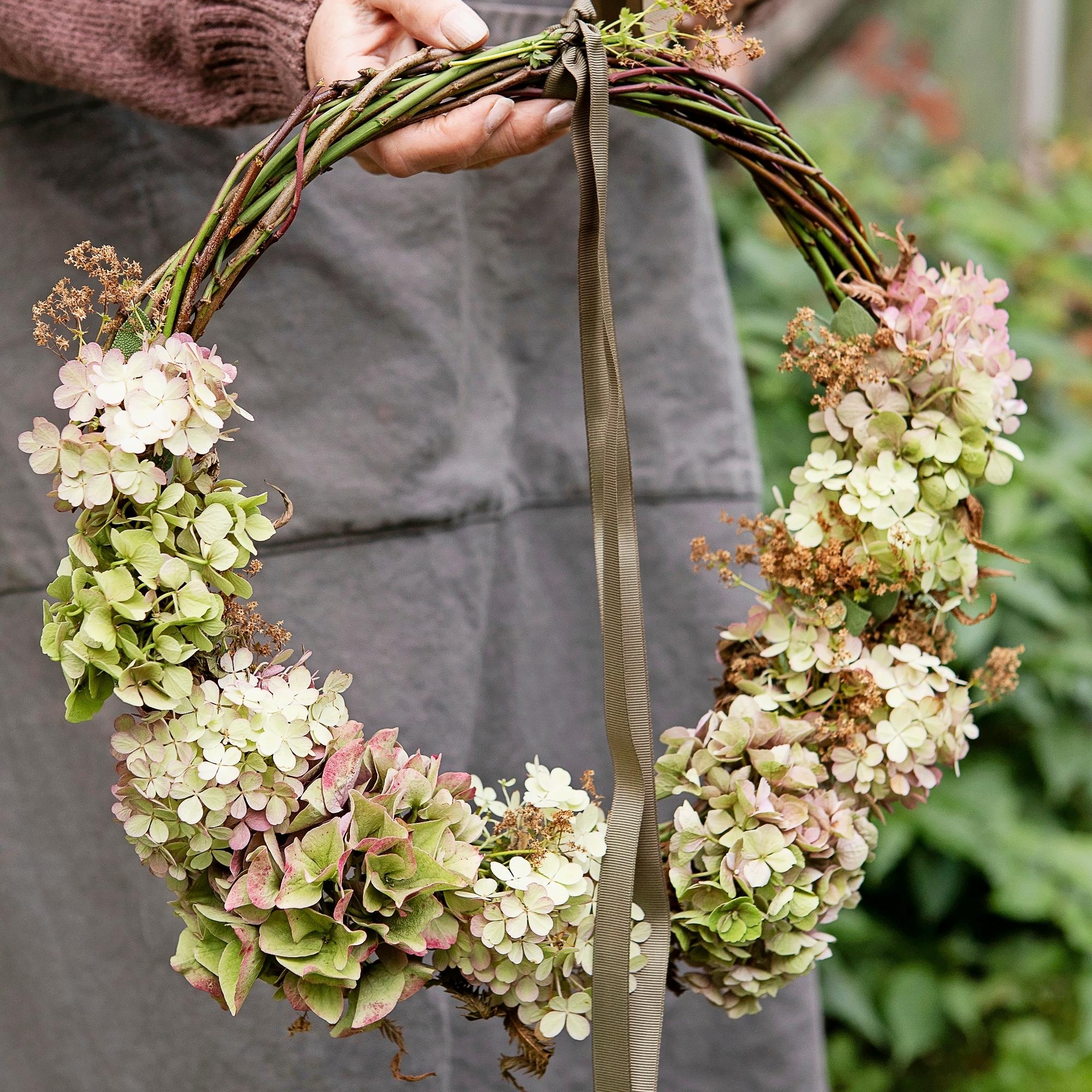 Make a stunning hydrangea wreath that stays lovely even after it dries