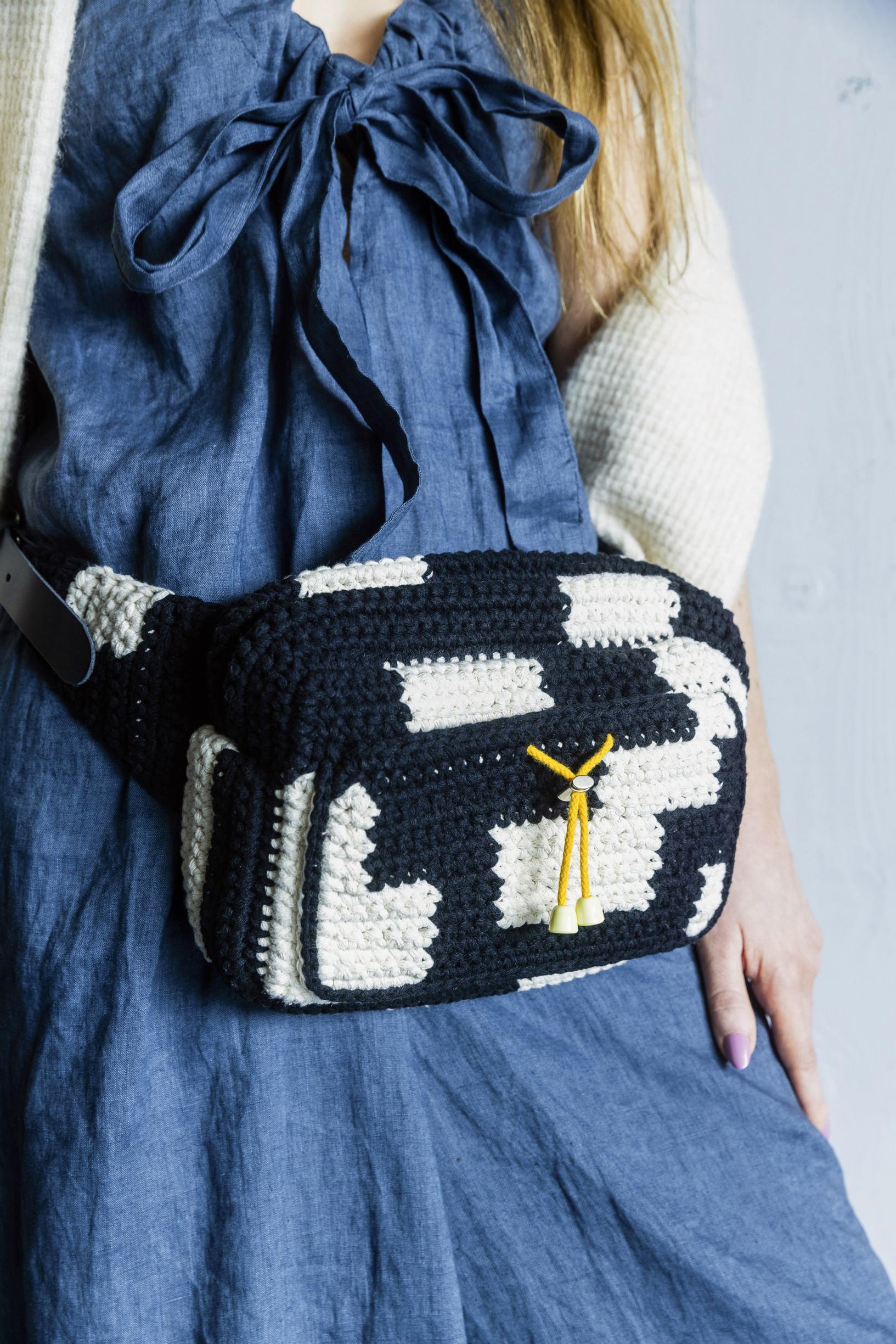 Molla Mills’s black-and-white crocheted belt bag