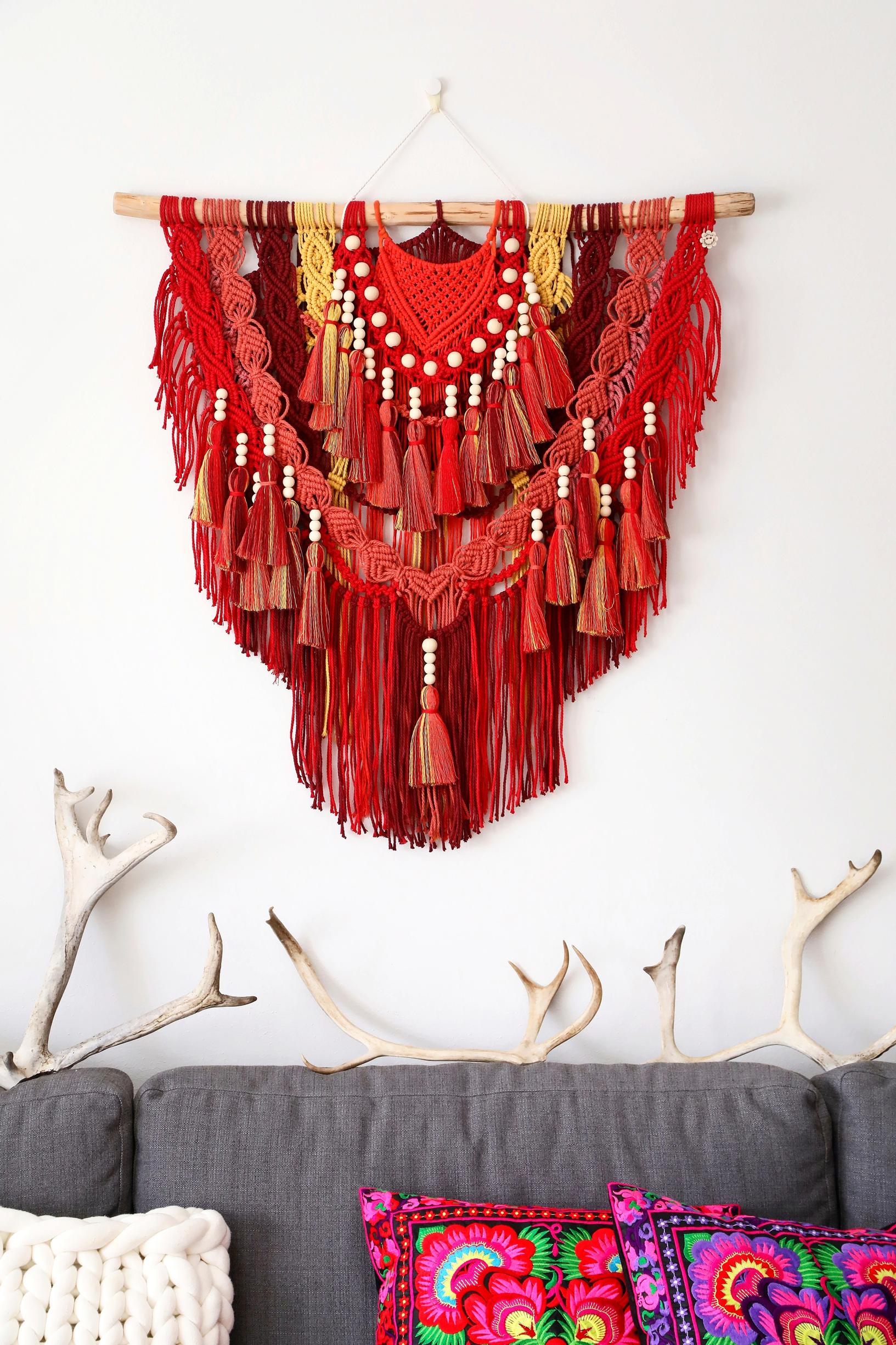 A red-toned macrame