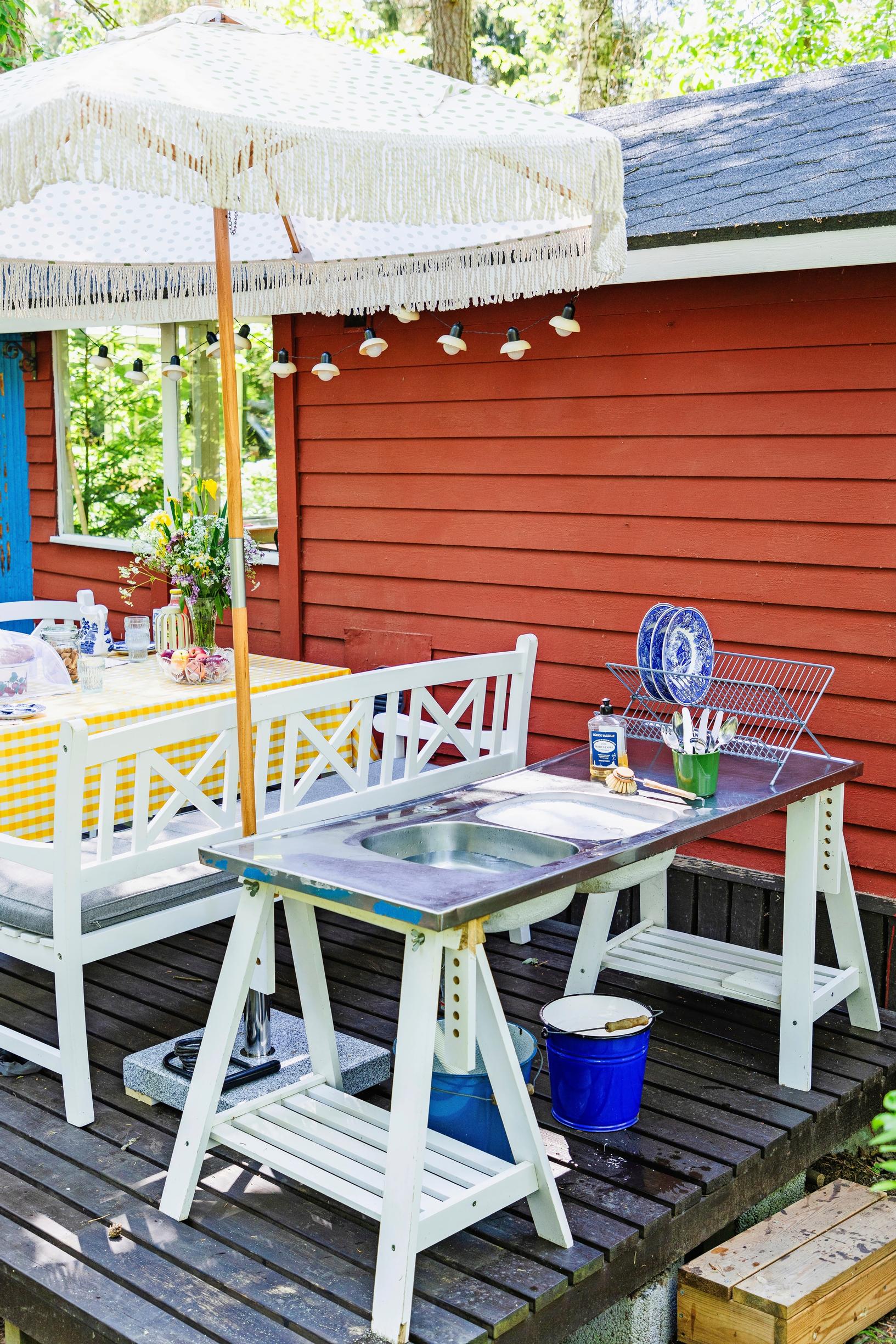 a dining set and a stainless-steel countertop on the terrace