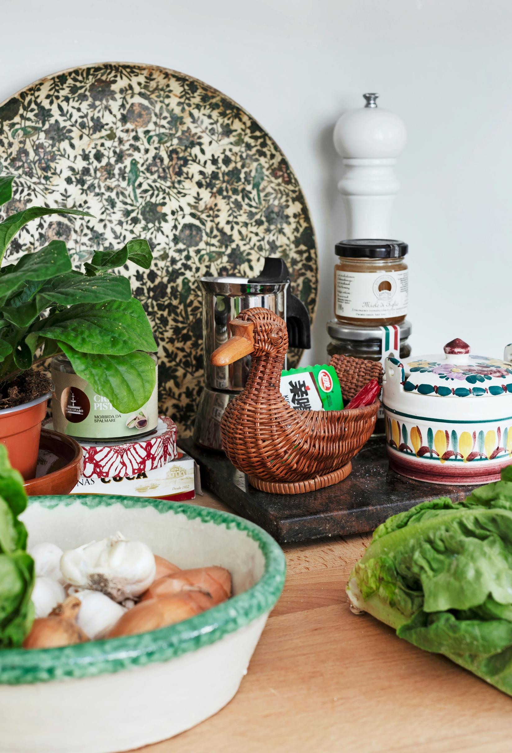 In the kitchen, a tray from her grandmother and unique flea market finds