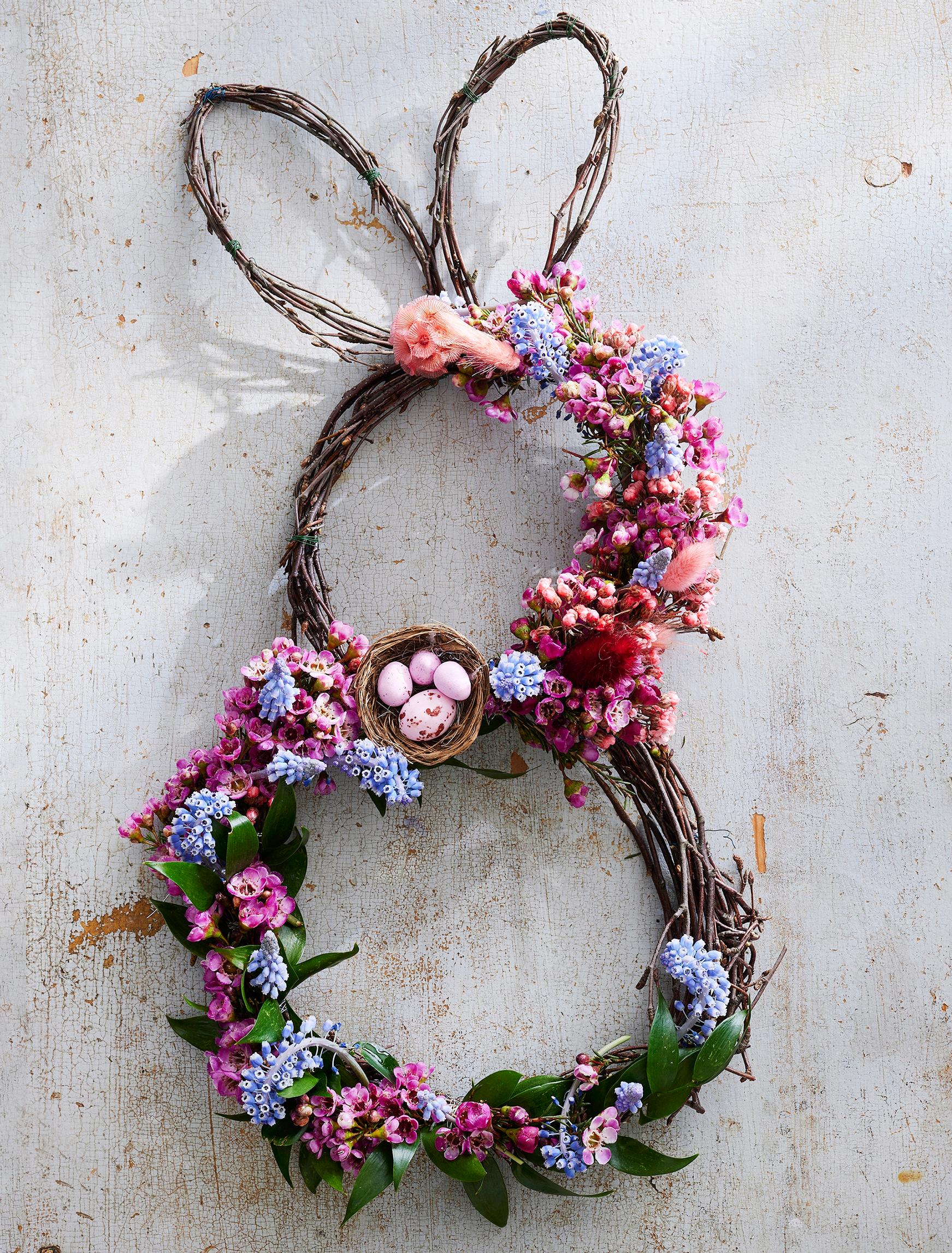 Bunny wreath decorated with flowers