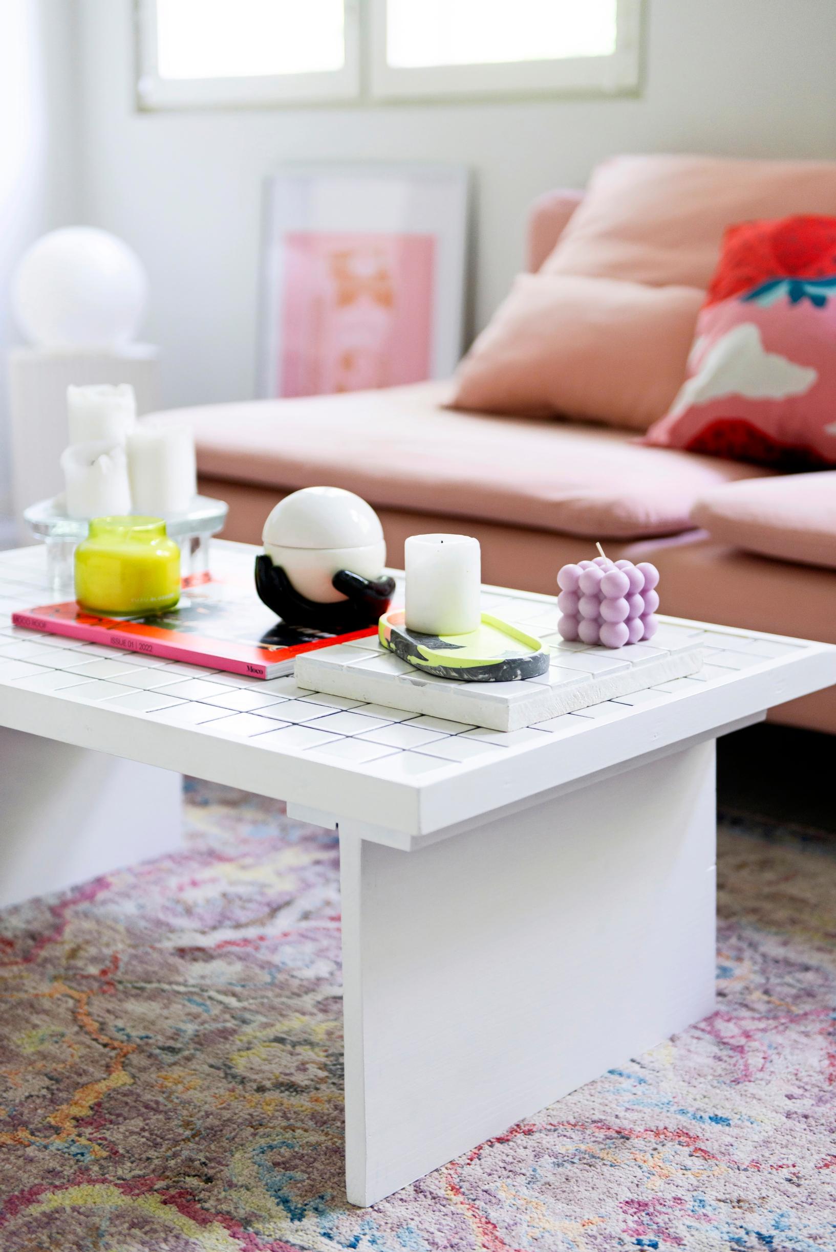 A handmade tiled table