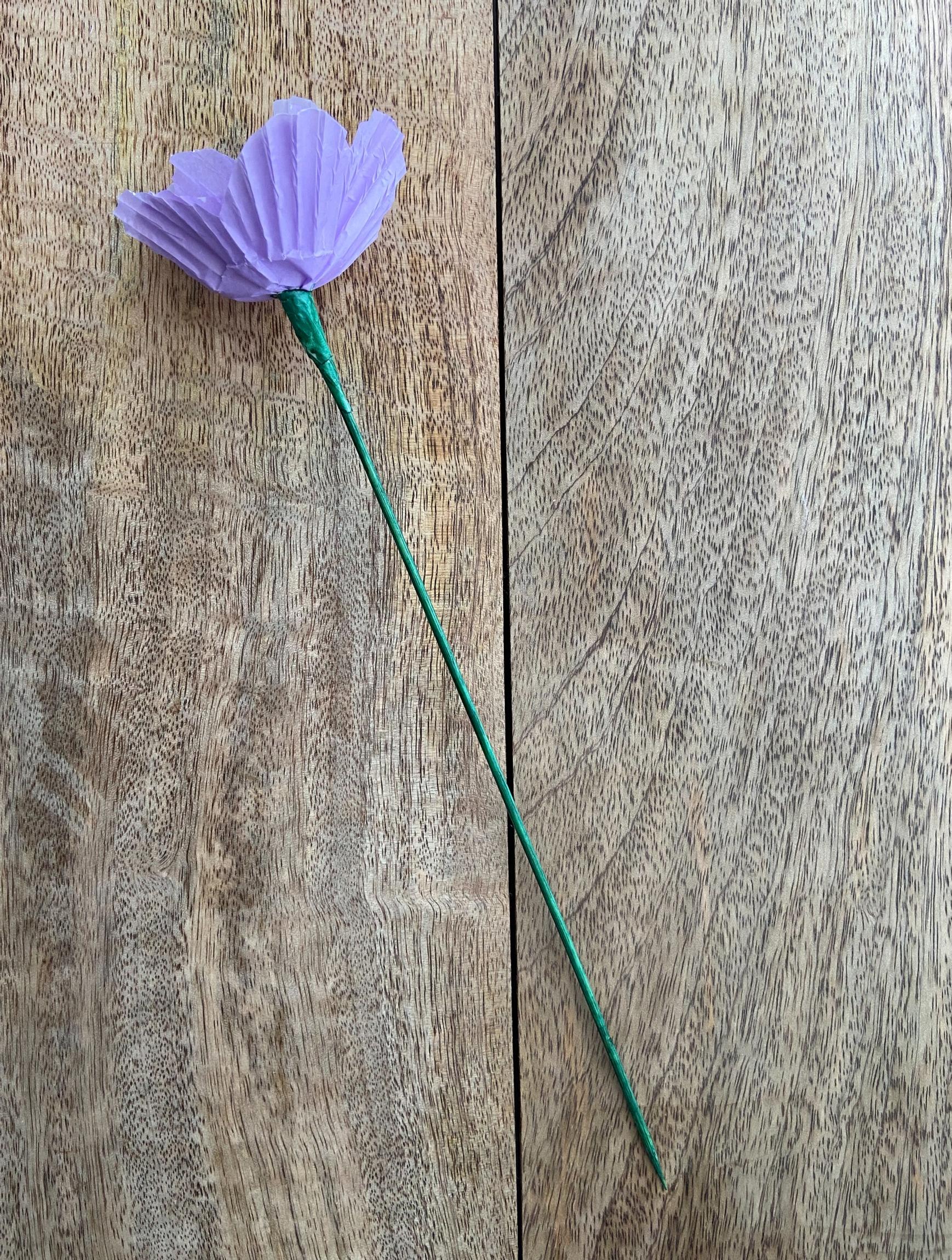 A finished flower with a colored stem.