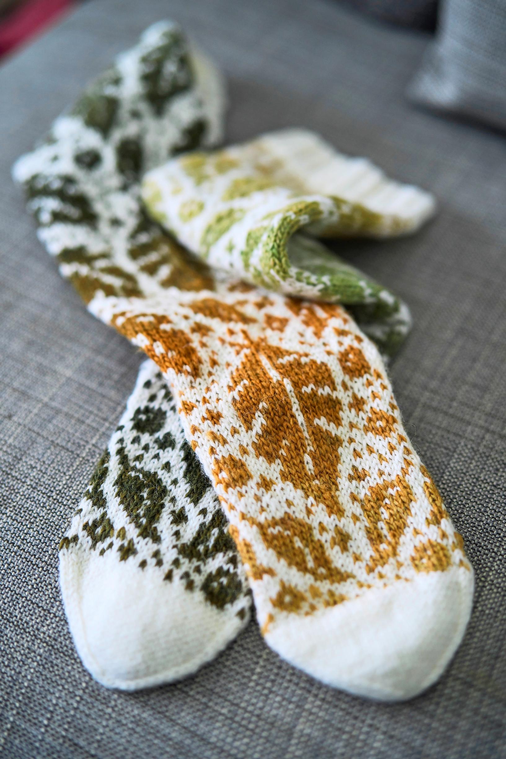 Green and brown patterned socks