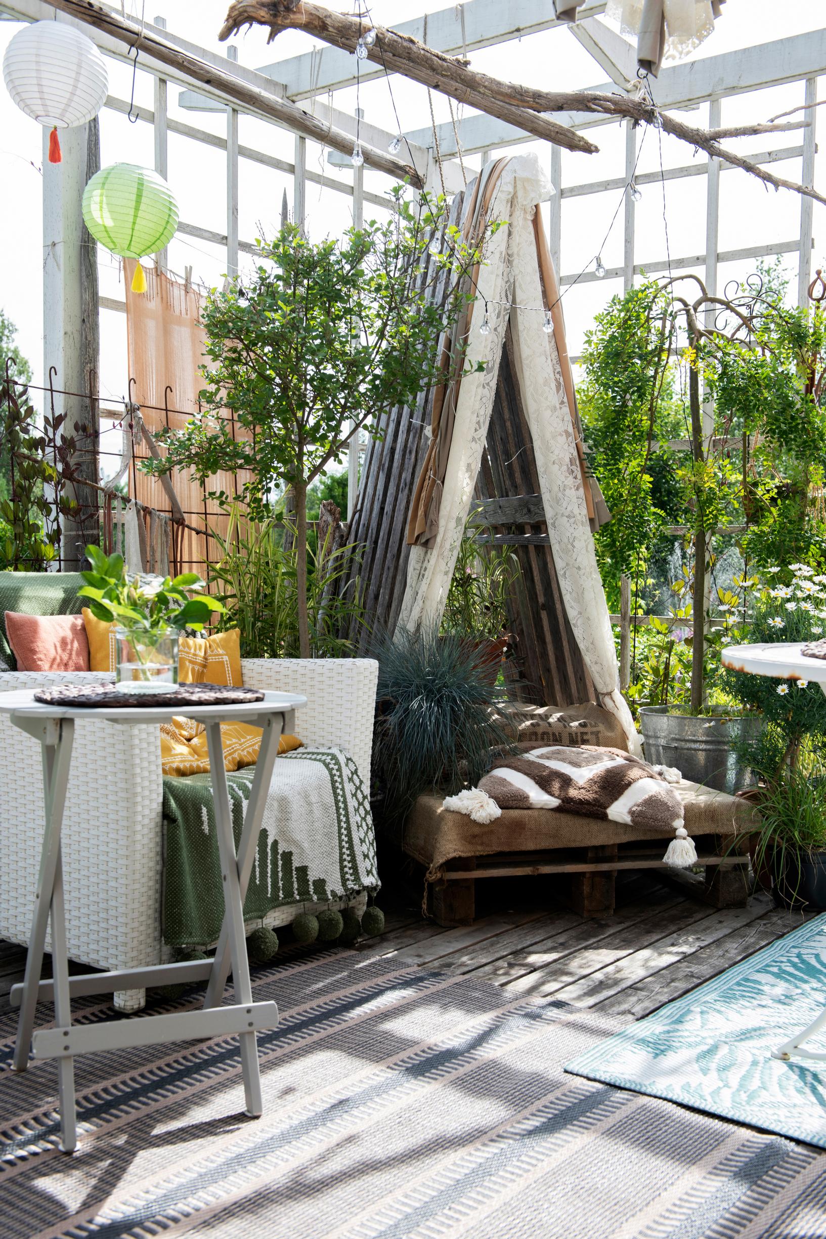 The yard is filled with delightful spots to rest