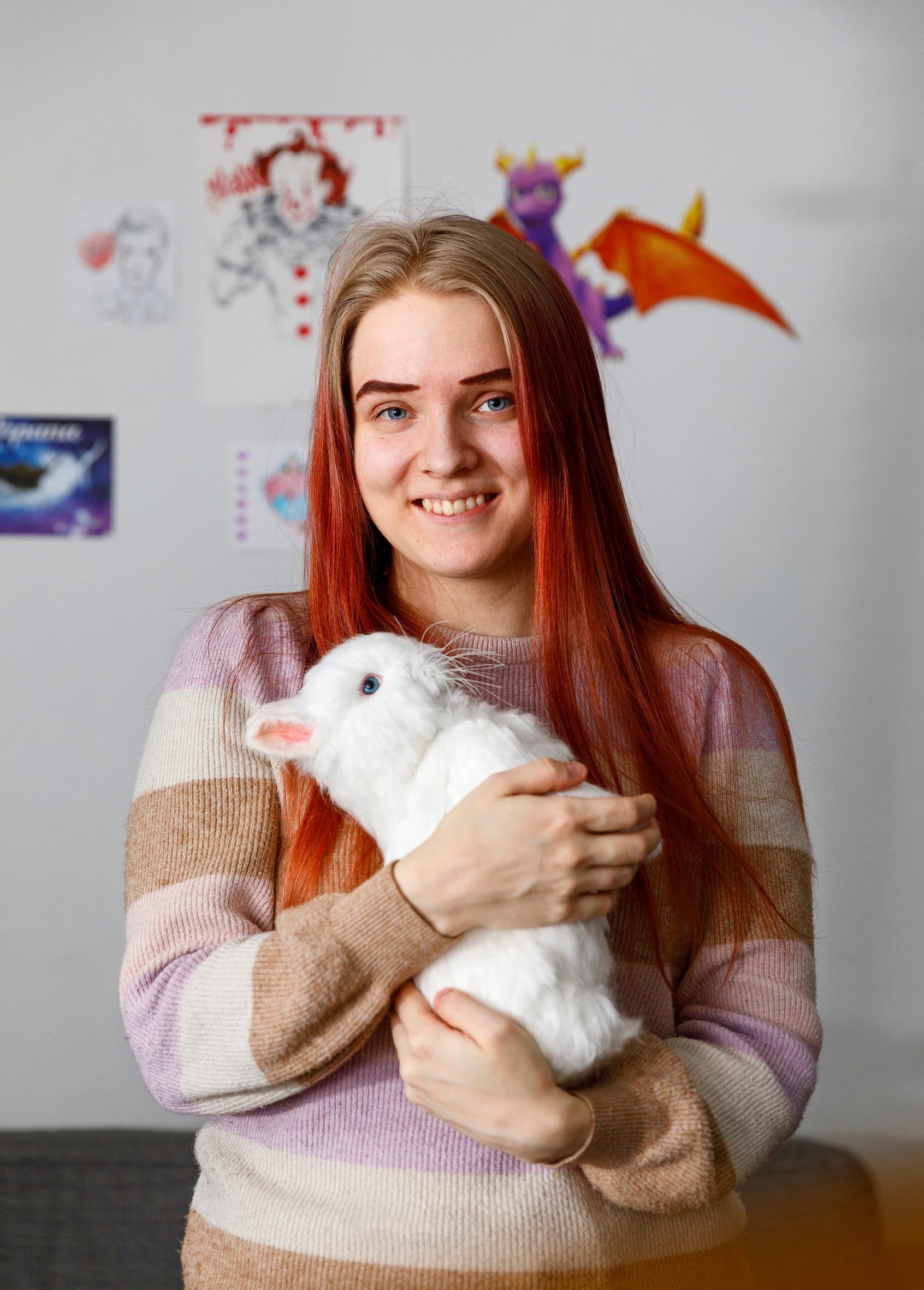 Mirjami holding a felted bunny.