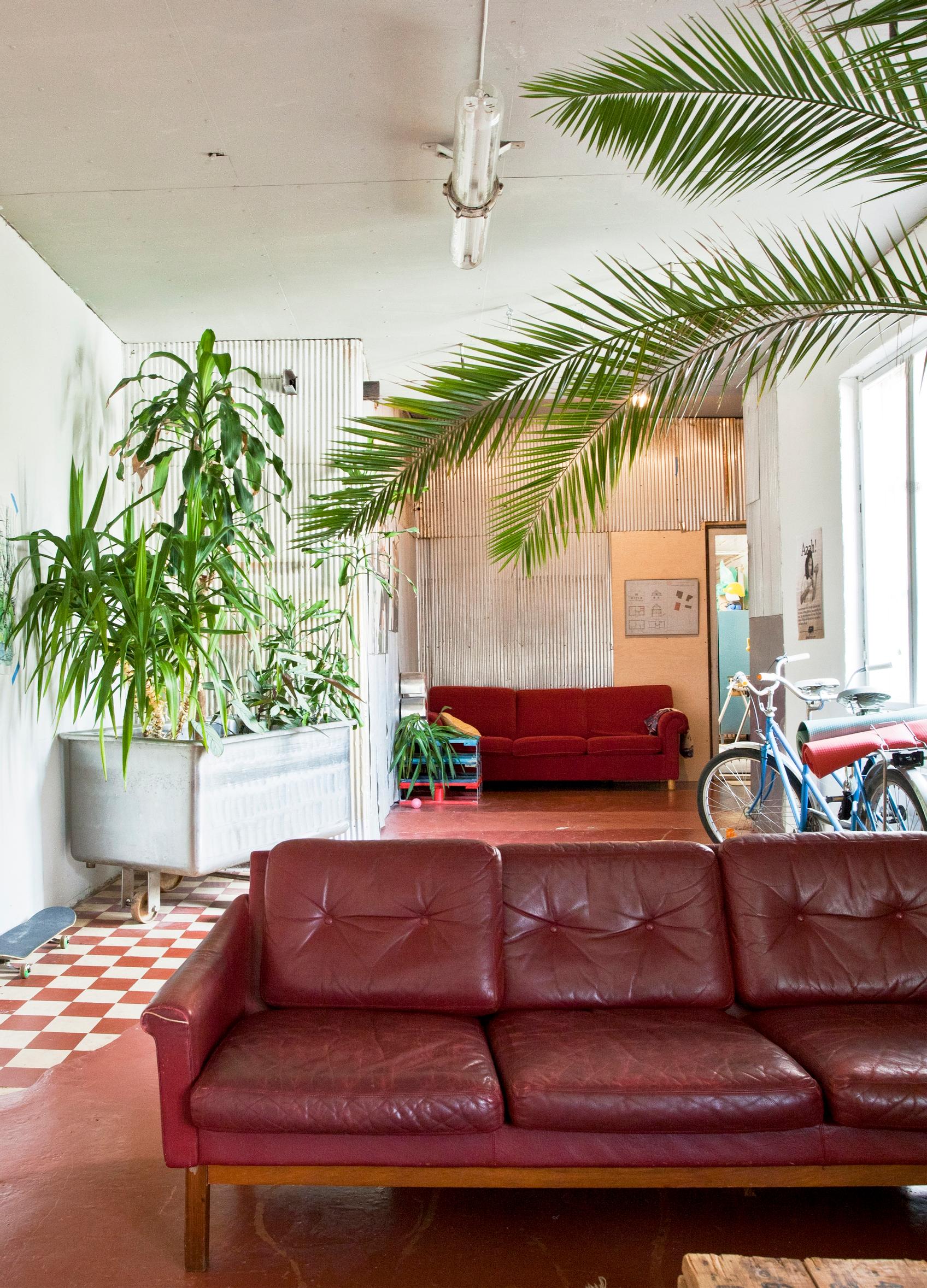 Reddish-brown leather sofa in the living area