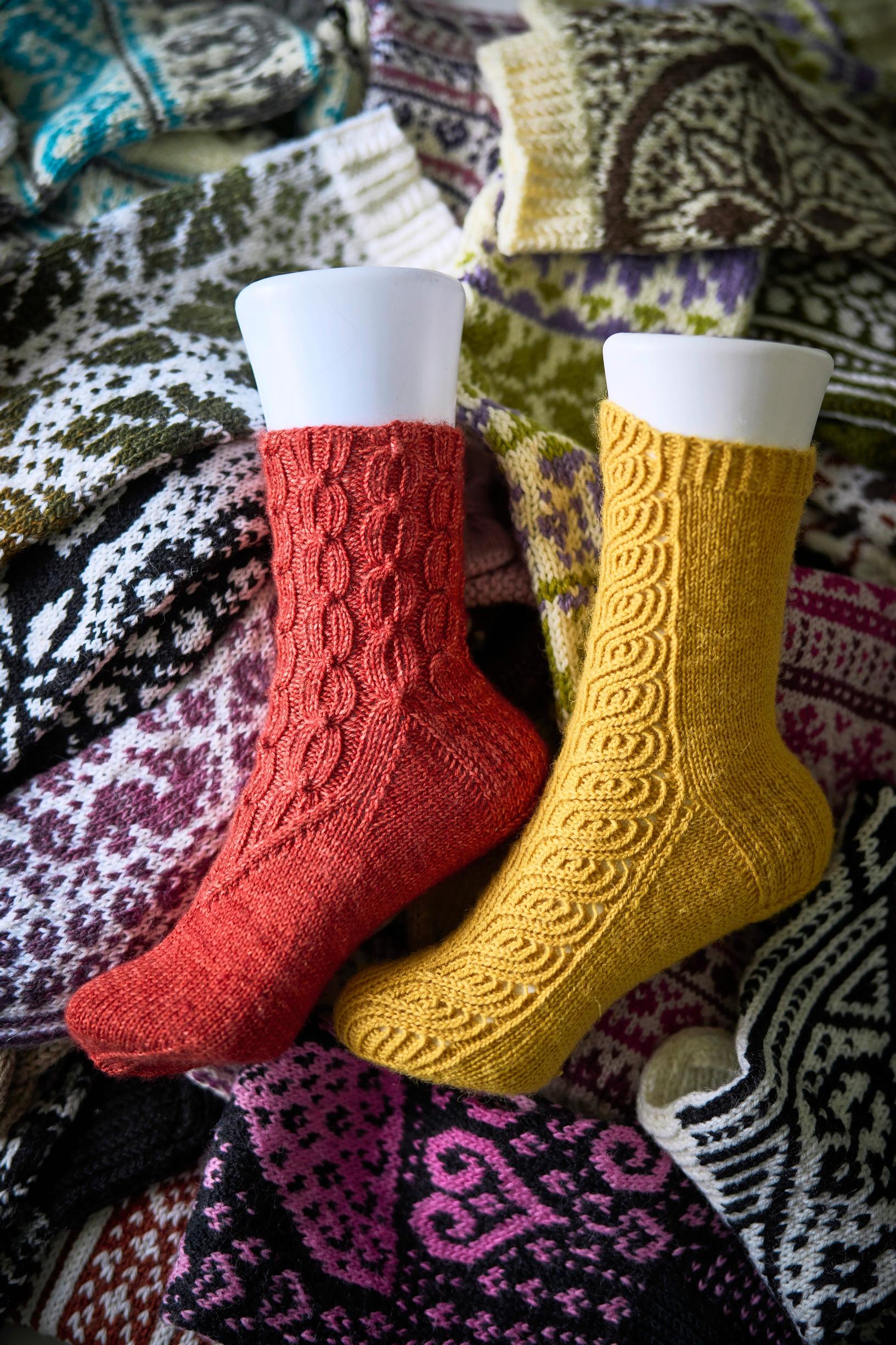 Red and yellow lace-patterned socks
